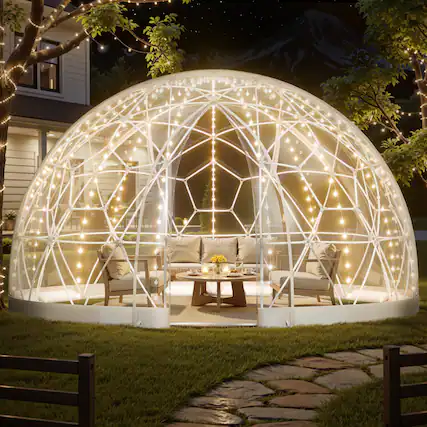 Front. VEVOR - Outdoor clear bubble tent, 15 x 9.5 ft Outdoor Clear Bubble Tent for 10-14 Person, Weatherproof Geodesic Dome Greenhouse - White + Transparent.