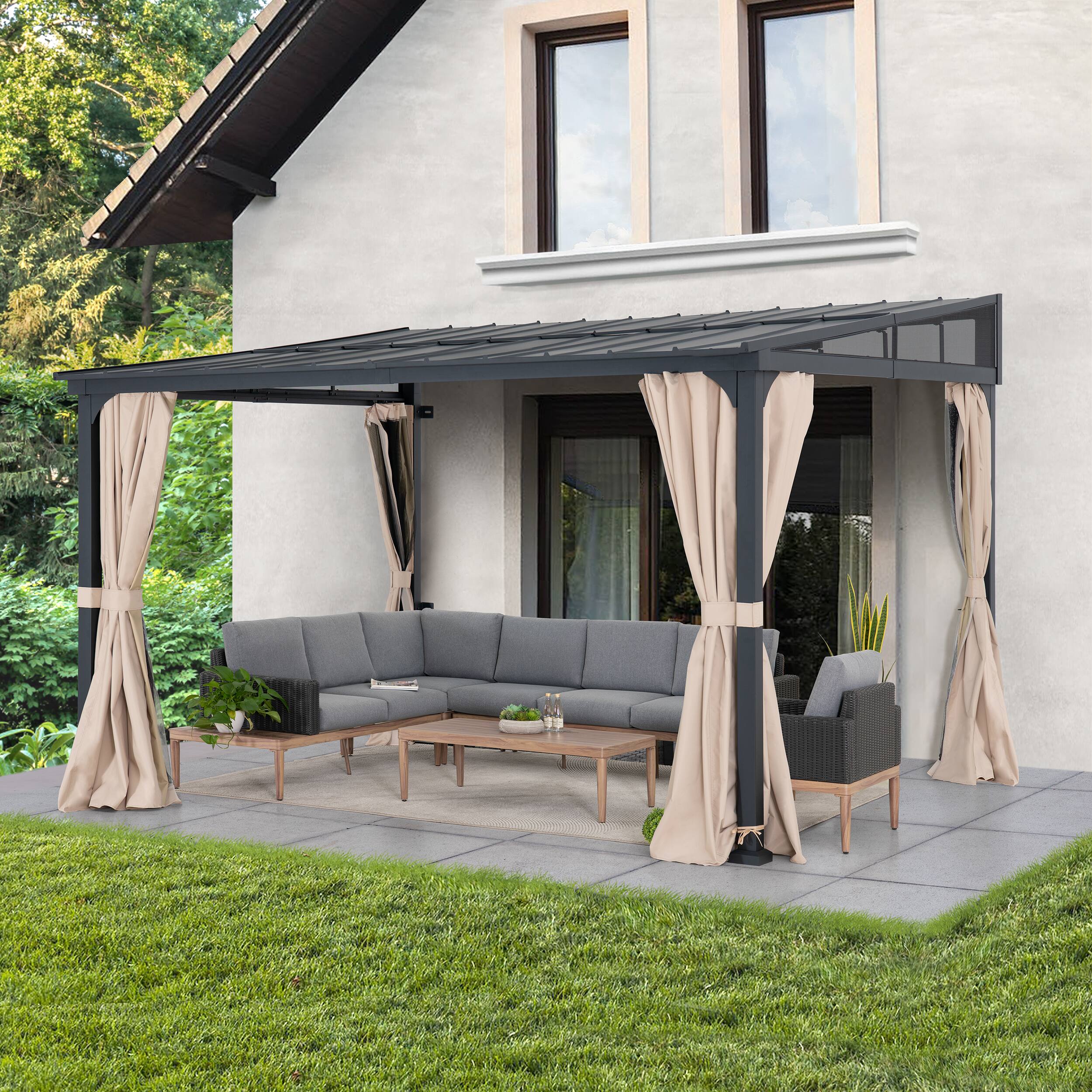Angle. SUNJOY - Sunjoy 10x12ft Wall Mounted Lean-to Gazebo Steel Roof & Black Aluminum Frame. Includes curtains and netting - 10*12 Metal Roof.