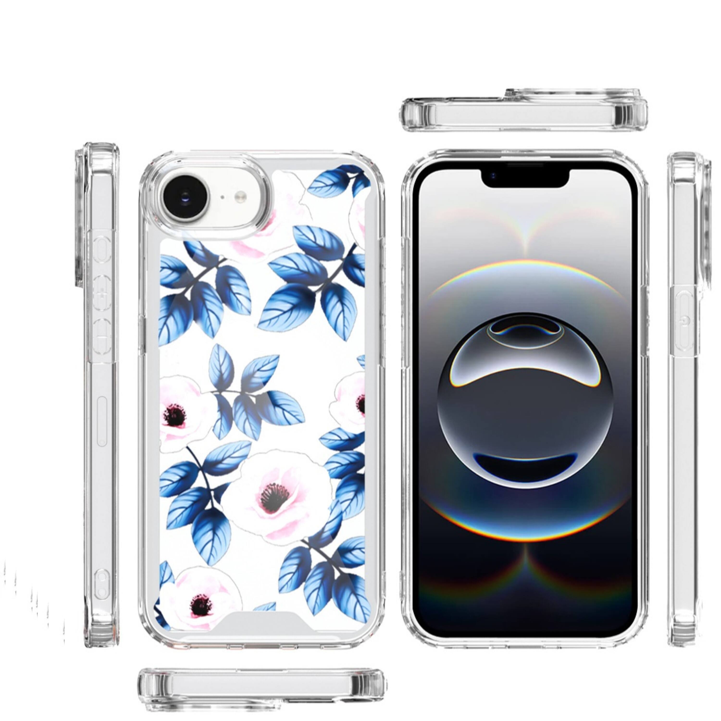 Angle. Kitcheniva - Cute Print Design Clear TPU Phone Case With Tempered Glass For iPhone 16e 17e Blue Leaves - White.