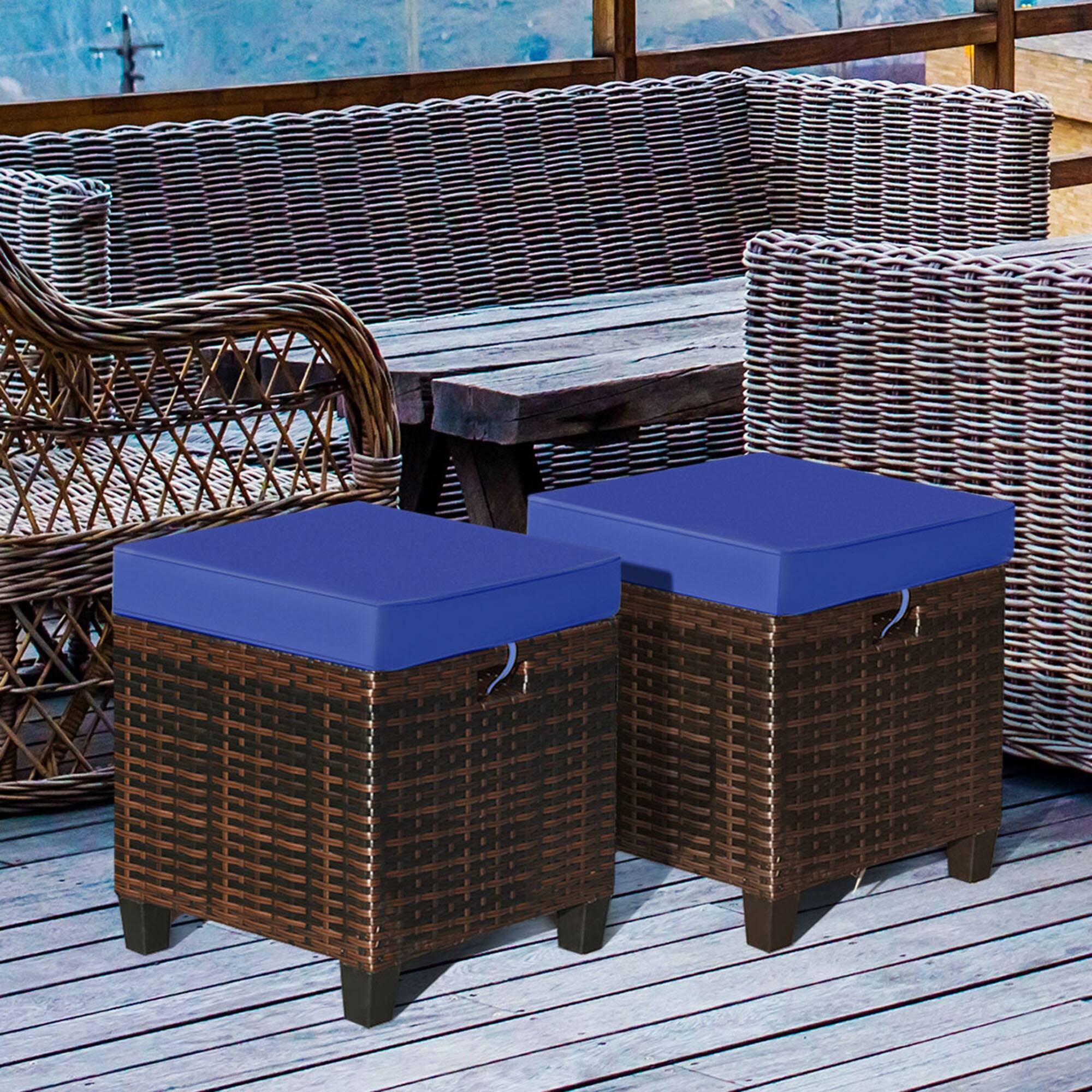 Alt View 5. Gymax - Gymax Set of 2 Patio Rattan Ottoman Footrest Garden Outdoor w/ Navy Cushion - as pic.