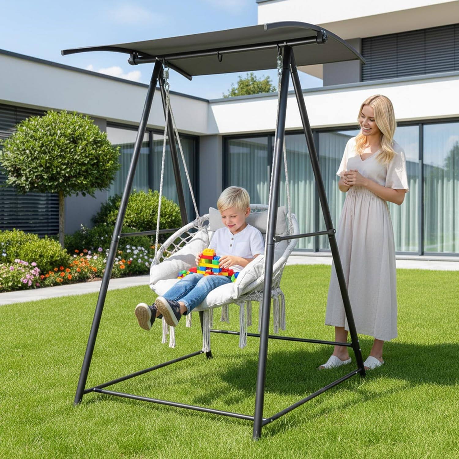 Alt View 9. Winado - 6FT Hammock Chair Stand Only with Canopy, Heavy Duty Hammock Stand with 3 Hooks, Max Load 660lbs for Outdoor Garden - Black.