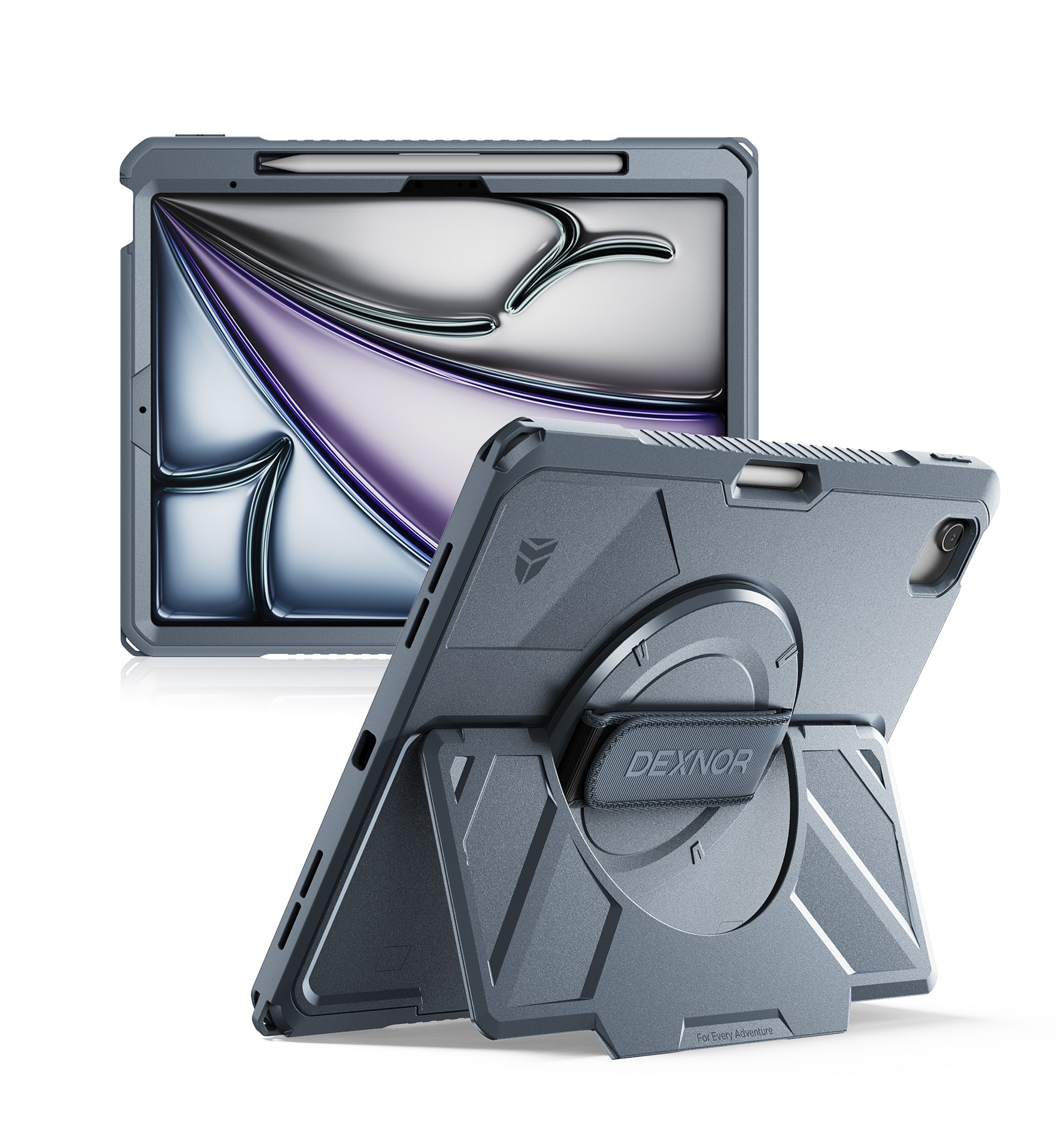 Dexnor - Case for iPad Air 13” M4/M3/M2 with 360° Rotating Hand Strap& Screen Protector Shockproof Full-Body Bumper Cover - Navy Blue