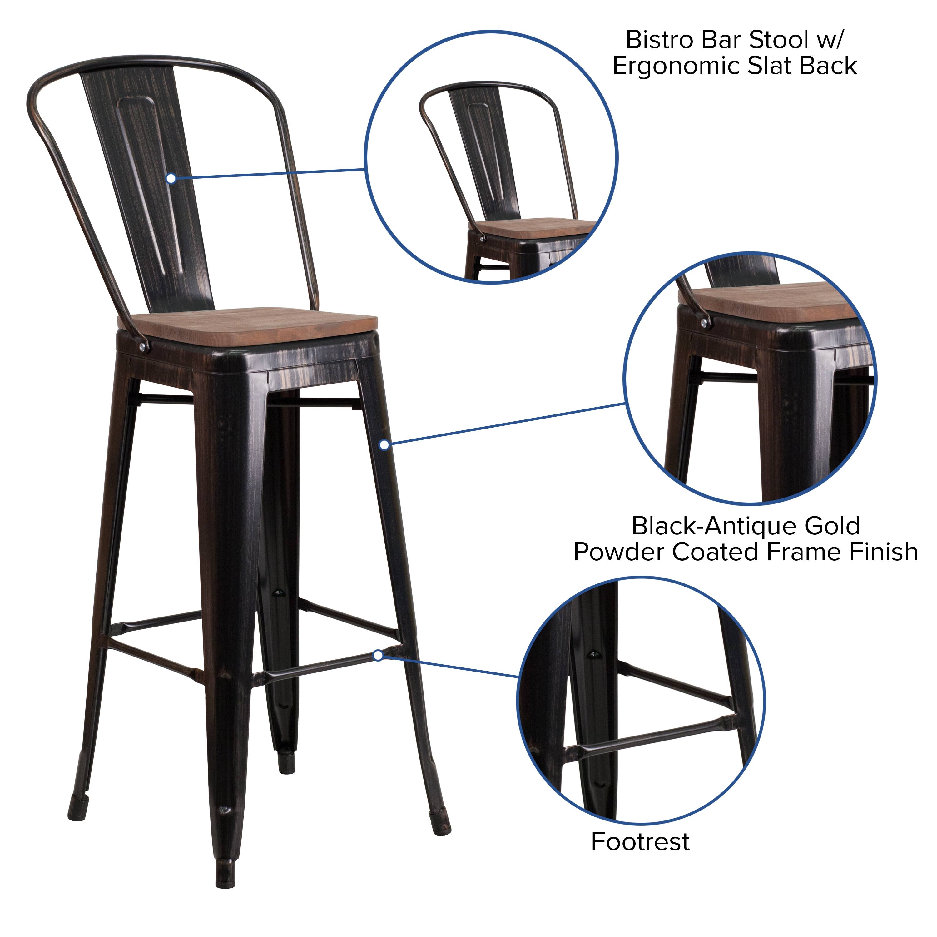 Bistro Bar Stool w/ Ergonomic Slat Back  
Black-Antique Gold Powder Coated Frame Finish  
Footrest