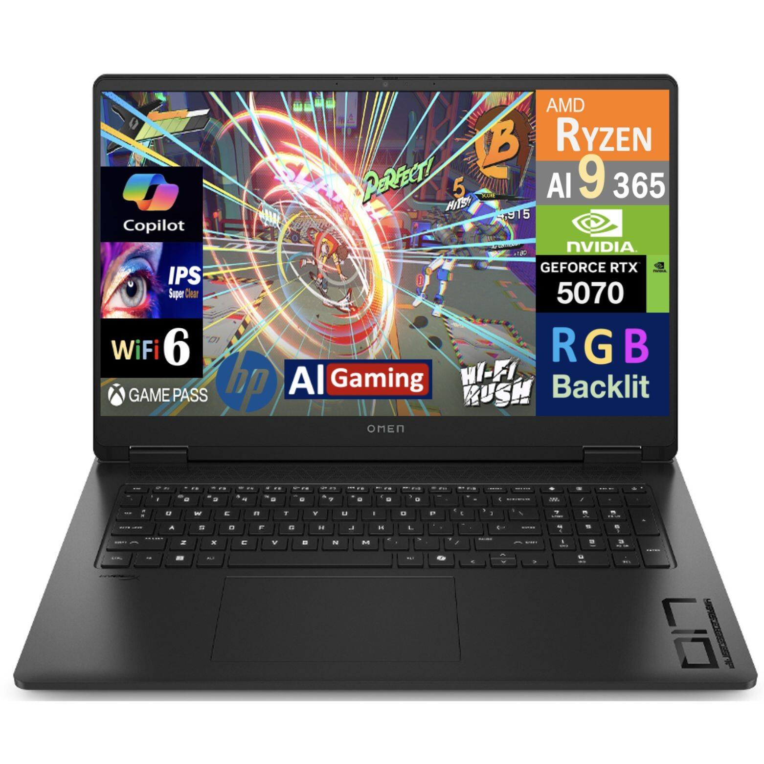 AMD Ryzen 5 AI 9 365  
Copilot  
NVIDIA GeForce RTX 5070  
IPS Super Clear  
WiFi 6  
RGB Backlit  
AI Gaming  
GAME PASS  
OMEN