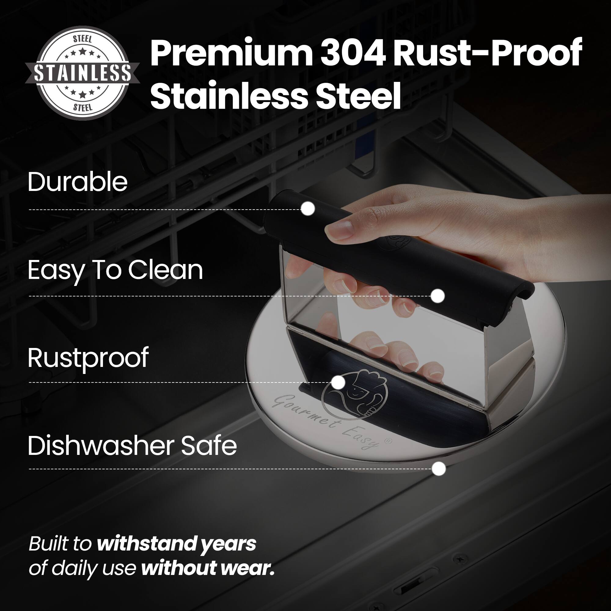 Alt View 1. Gourmet Easy - 2lb Smash Burger Press Stainless Steel, Burger Smasher for Griddle Heat Resistant Handle, Hamburger Press - Stainless Steel.