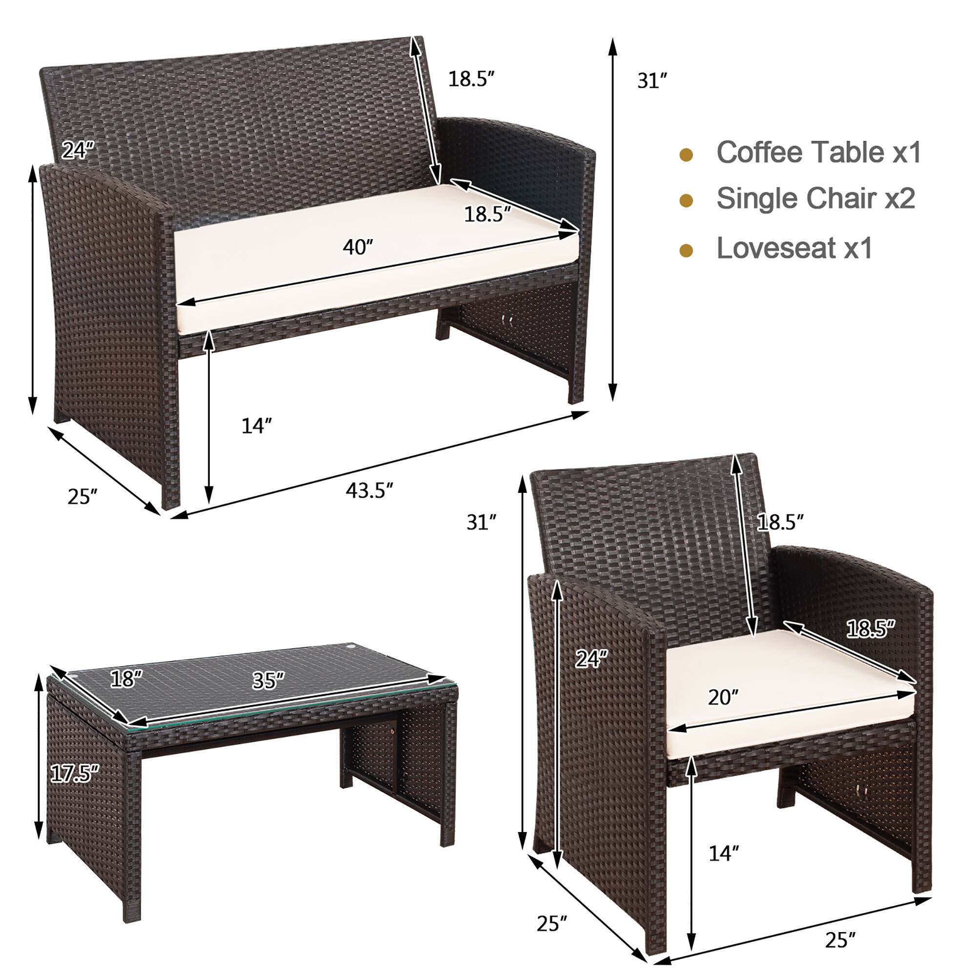 Coffee Table x1, Single Chair x2, Loveseat x1, 18.5", 31", 24", 40", 18.5", 14", 25", 43.5", 31", 18.5", 18", 35", 24", 20", 18.5", 17.5", 14", 25", 25"