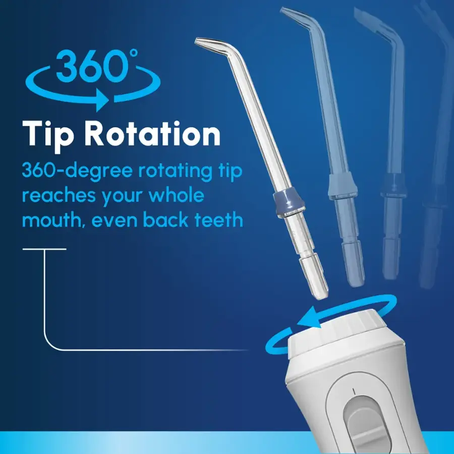 360 Tip Rotation: 360-degree rotating tip reaches your whole mouth, even back teeth.
