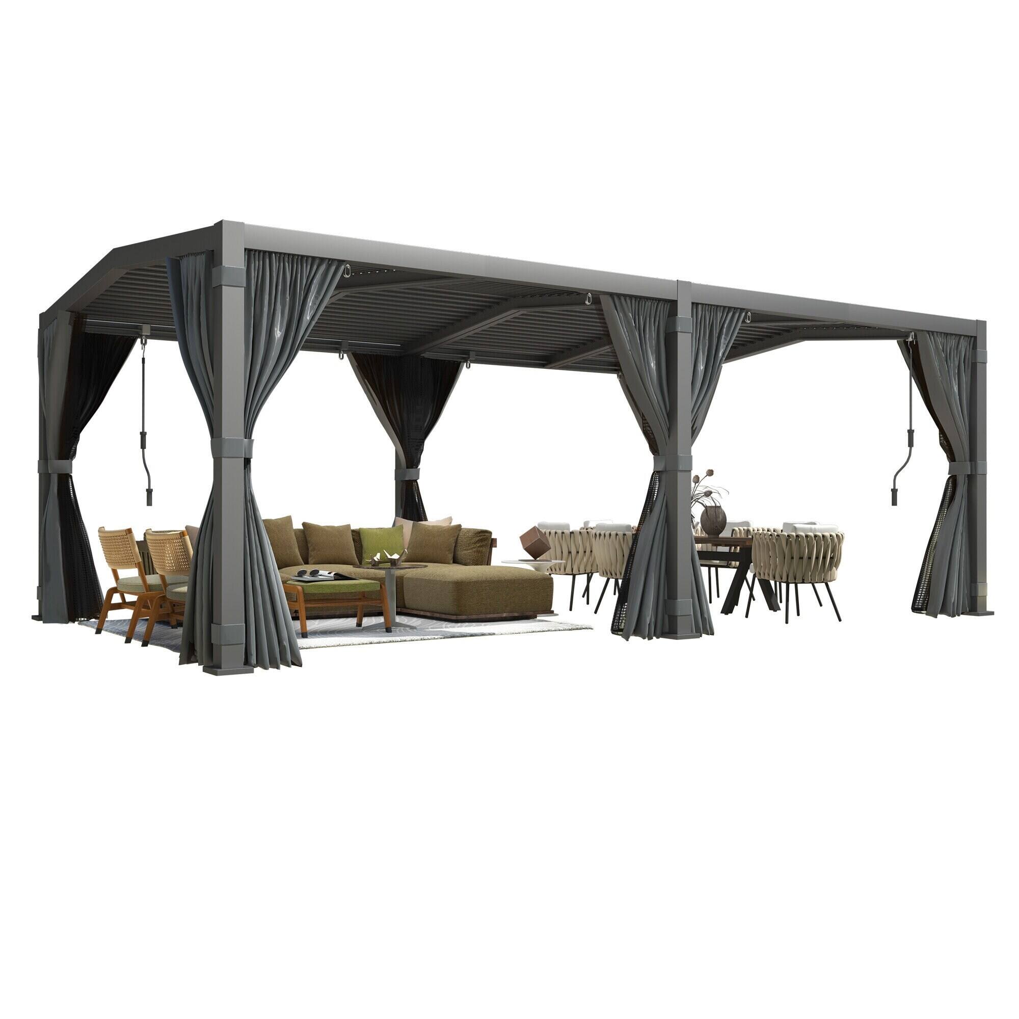 Alt View 4. U-HOMY - 12x20 Aluminum Louvered Pergola with Adjustable Roof, Dark Grey Outdoor Patio Gazebo with Curtains & Nets - Black.