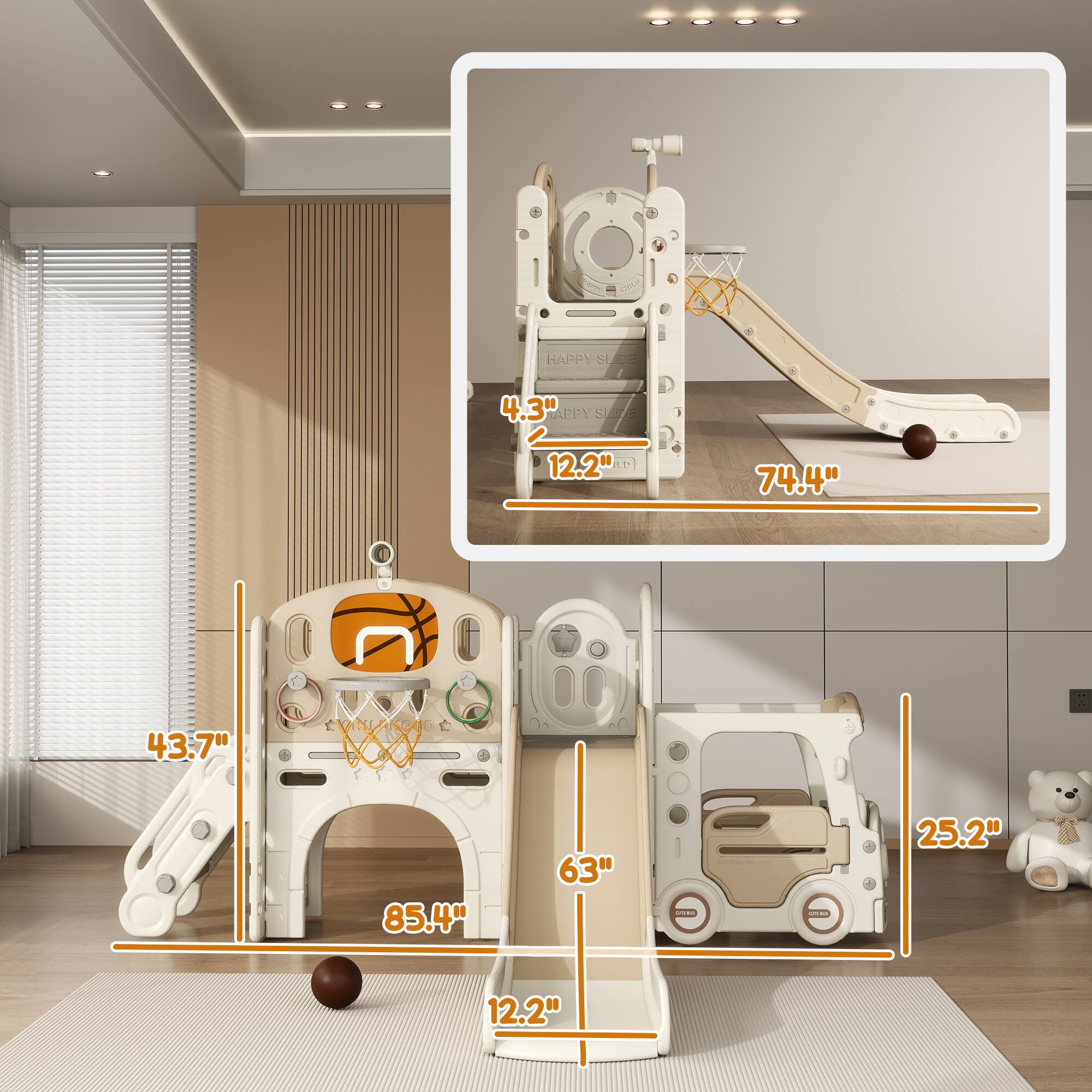 HAPPY SLIDE

4.3"  
12.2"  
74.4"  
43.7"  
85.4"  
63"  
25.2"  
12.2"