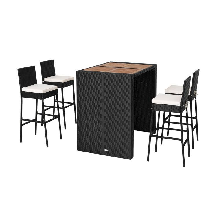 Angle. Mondawe - 5-Piece Patio Acacia Wood Dining Set w/ Cushions, Outdoor Bar Table and 4 Stools for Garden - White.