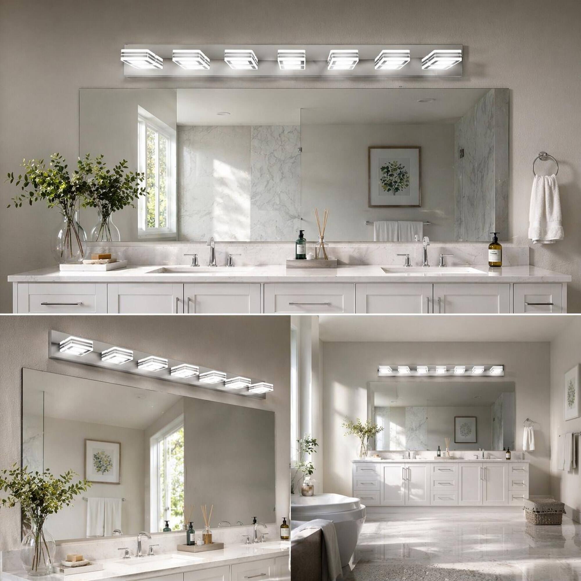 Back. RYHNUYNE - 45" Modern 7‑Light LED Vanity Light,Square Acrylic Shade Bathroom Vanity Light Fixture,Wall Lighting for Bath - Chrome.