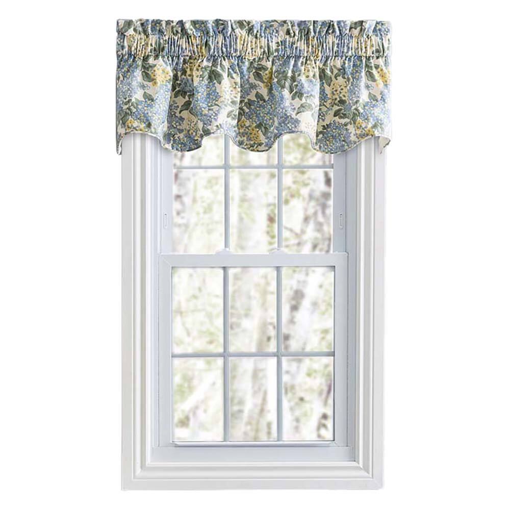 Front. Ellis Curtain - Ellis Hydrangea Classic Pattern Printed 3" Rod Pocket Window Scallop Valance Lined 70"x15" Blue - Blue.