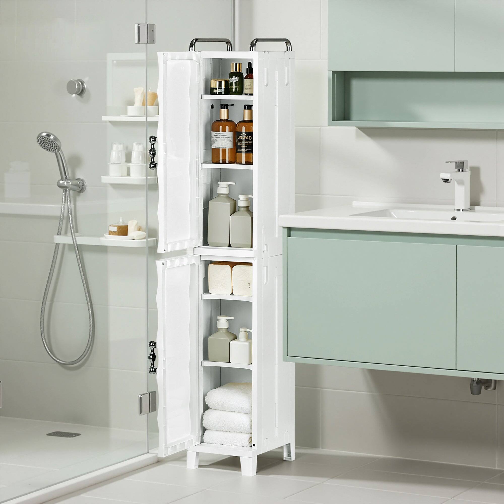 Alt View 3. Vecelo - 6 Tier Slim White Bathroom Storage Cabinet with Doors, Plastic Toilet Side Organizer, Freestanding Space-Saving Unit - White.