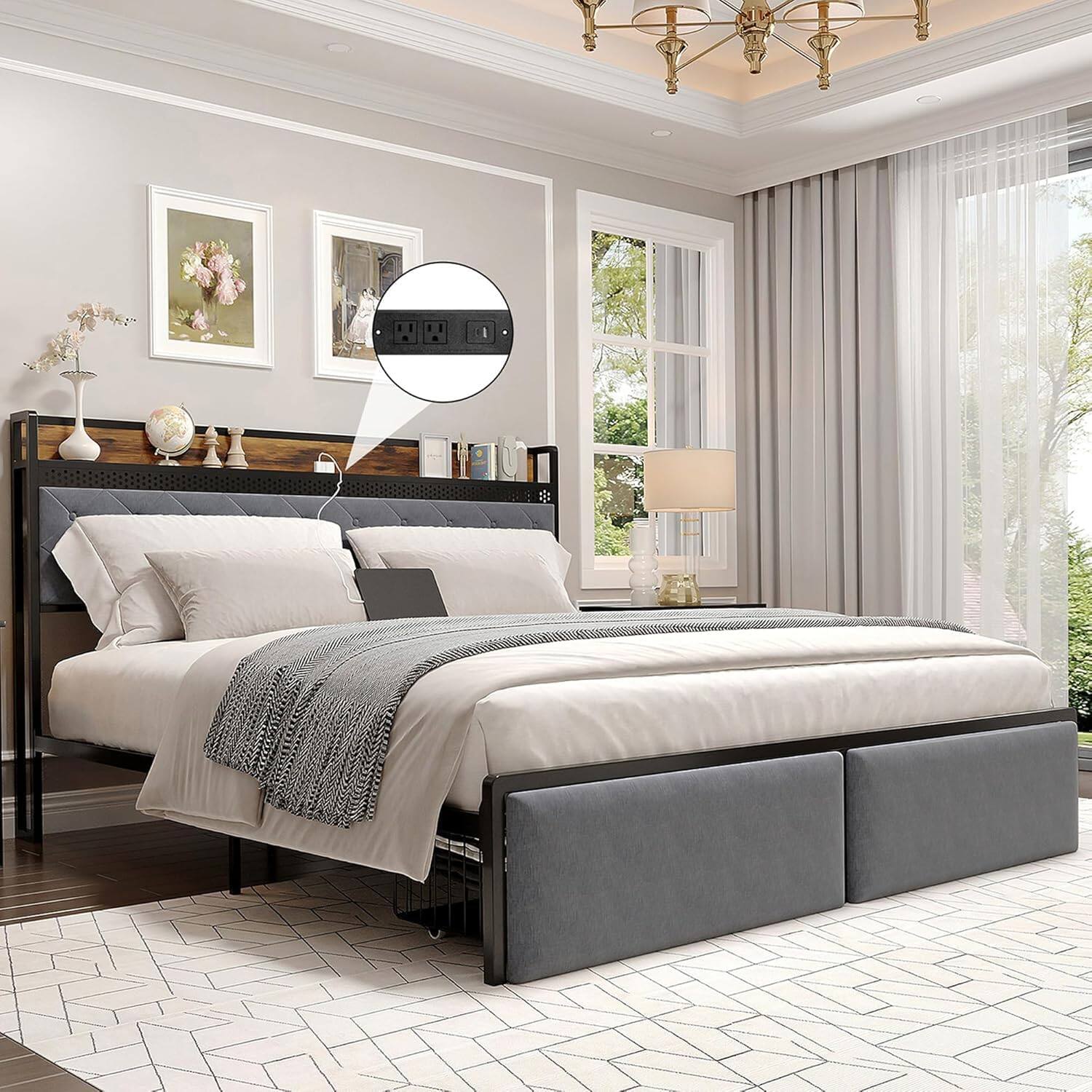 Qeetex - Metal Platform Bed with Storage Headboard, 2 Drawers, LED Light & Charging Station, No Box Spring Needed - Gray