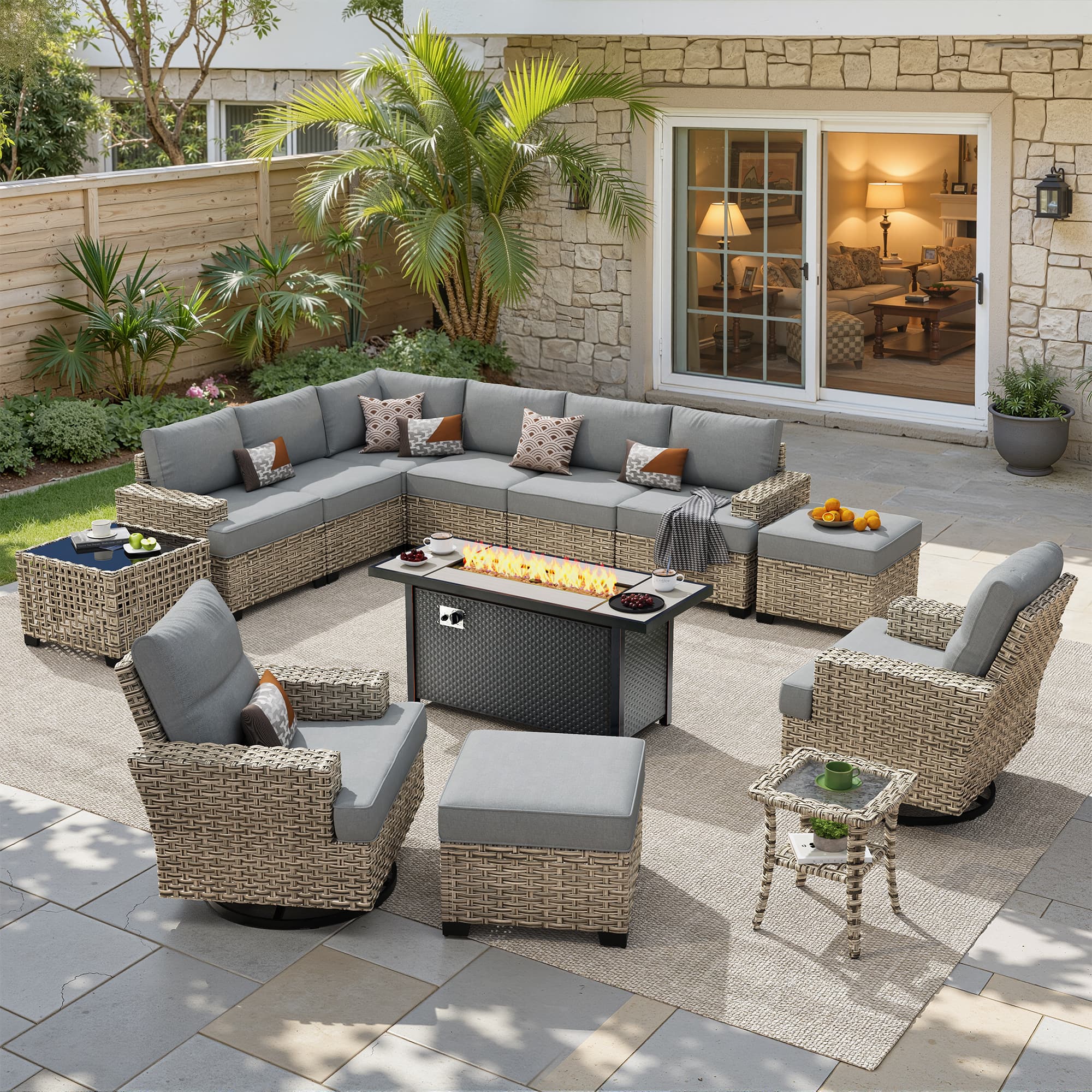 Ovios - 13 PCS Patio Furniture Set with 54" Fire Pit Table Sectional Couch with Swivel Chair & Ottoman - Dark Gray