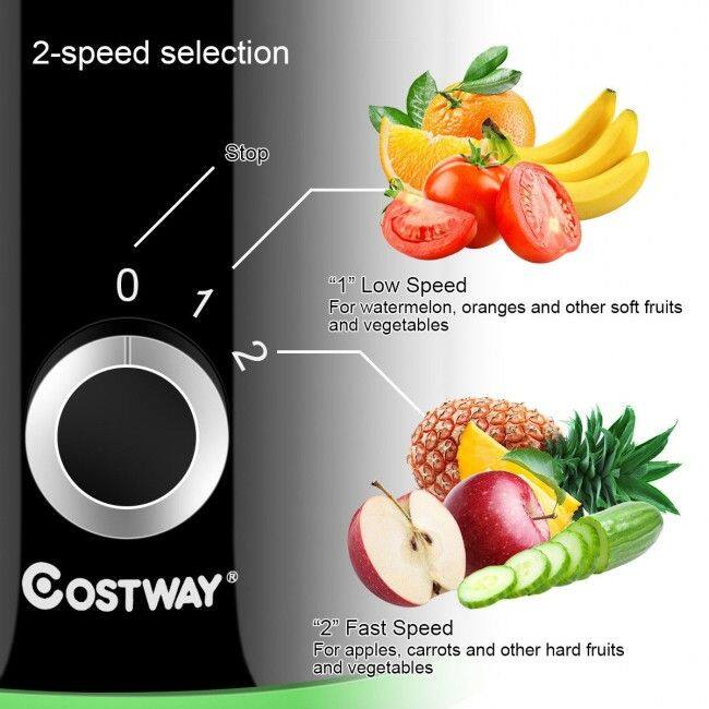 2-speed selection

Stop

0 1 2

"1" Low Speed  
For watermelon, oranges and other soft fruits and vegetables

"2" Fast Speed  
For apples, carrots and other hard fruits and vegetables