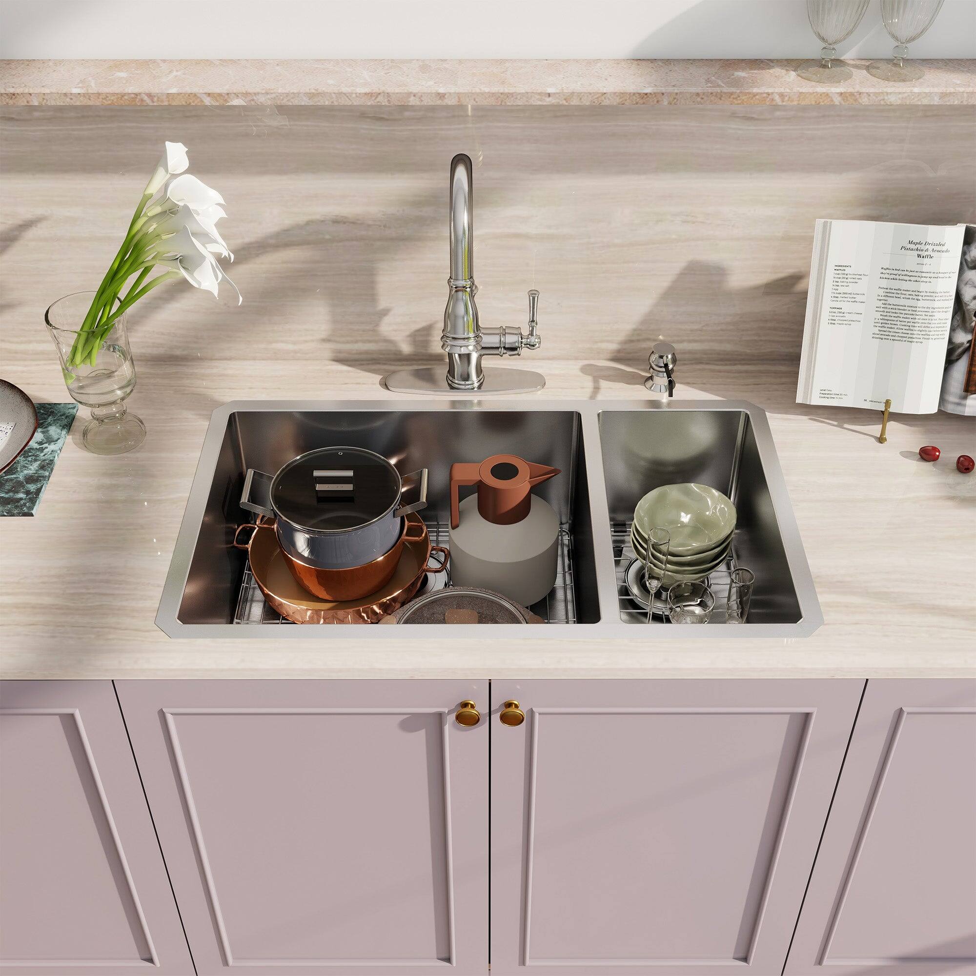 Alt View 3. Boyel Living - 32 in. Undermount 60/40 Double Bowl 18-Gauge Stainless Steel Kitchen Sink with Bottom Grids and Strainer Basket - Silver.