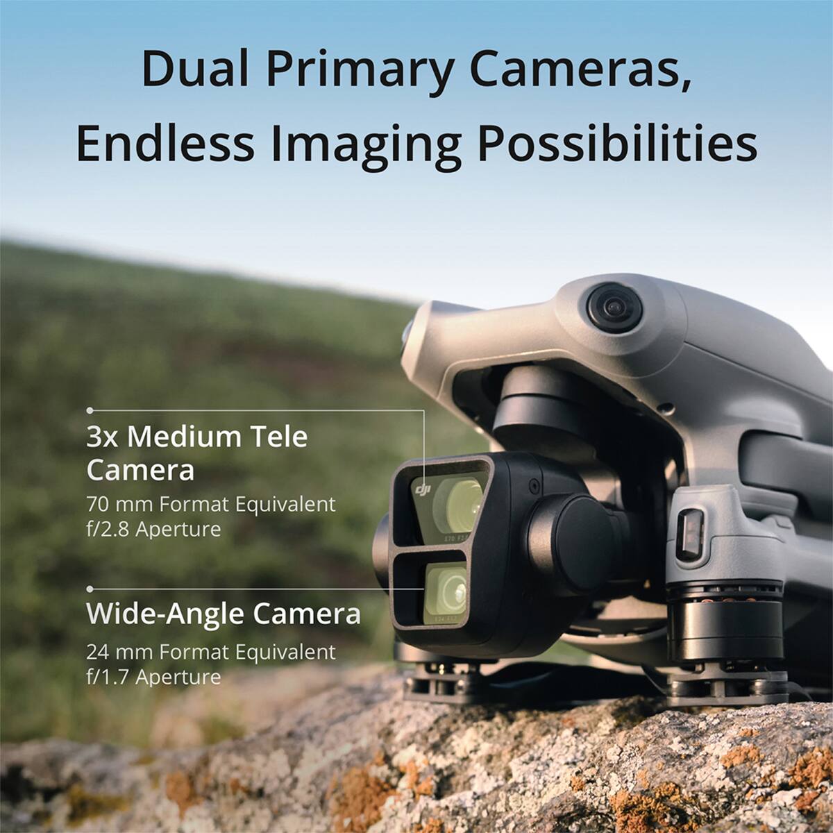 Dual Primary Cameras, Endless Imaging Possibilities

3x Medium Tele Camera
70 mm Format Equivalent
f/2.8 Aperture

Wide-Angle Camera
24 mm Format Equivalent
f/1.7 Aperture