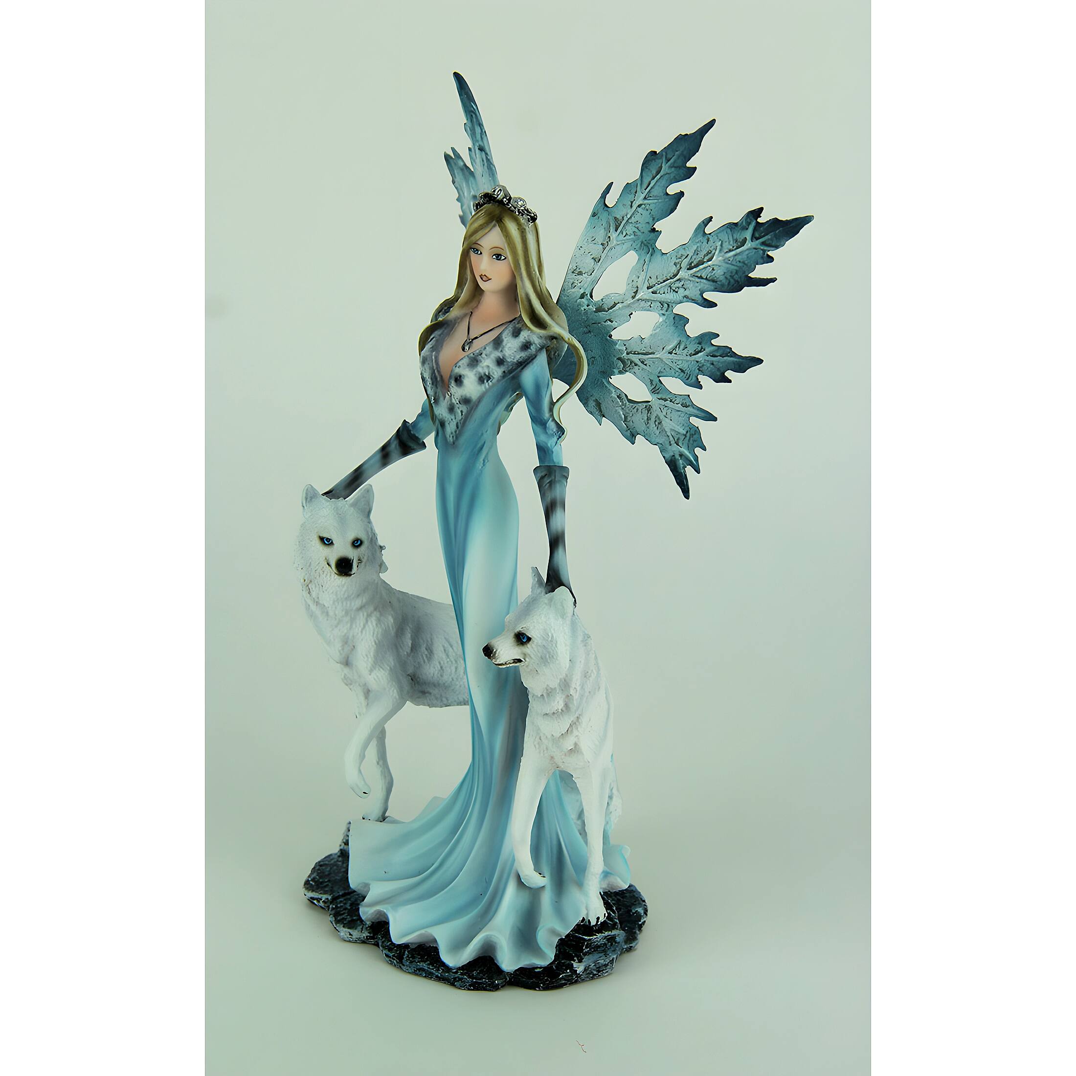 Alt View 1. Everspring Import Co. - Blue Ice Fairy Standing With Winter White Wolves Statue - Blue.