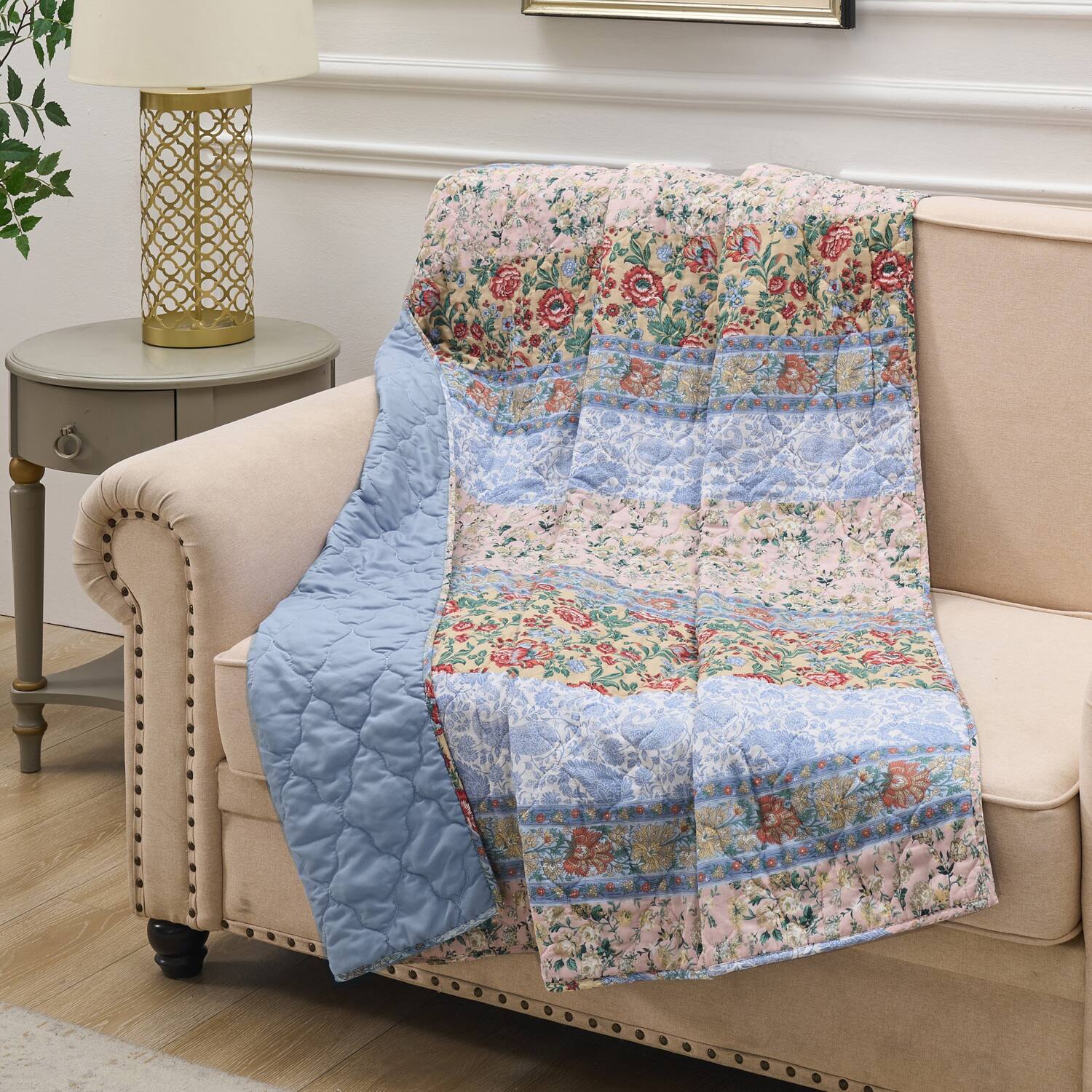 Angle. Greenland Home Fashions - Greenland Home Fashion Kressida 100% Cotton Reversible Accessory Throw Blanket 50" x 60" Blue - Blue.