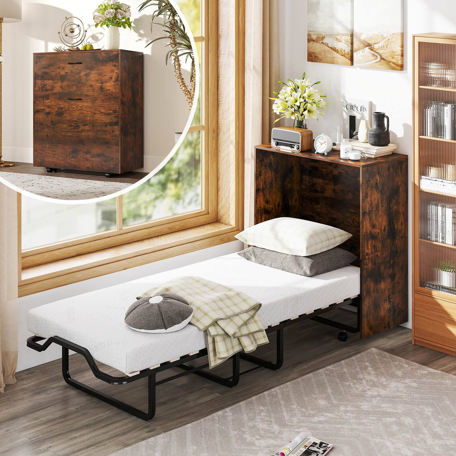 Alt View 1. Costway - Costway Cot Size Murphy Bed with Storage Rolling Murphy Cabinet with Foldable Bed - Brown.