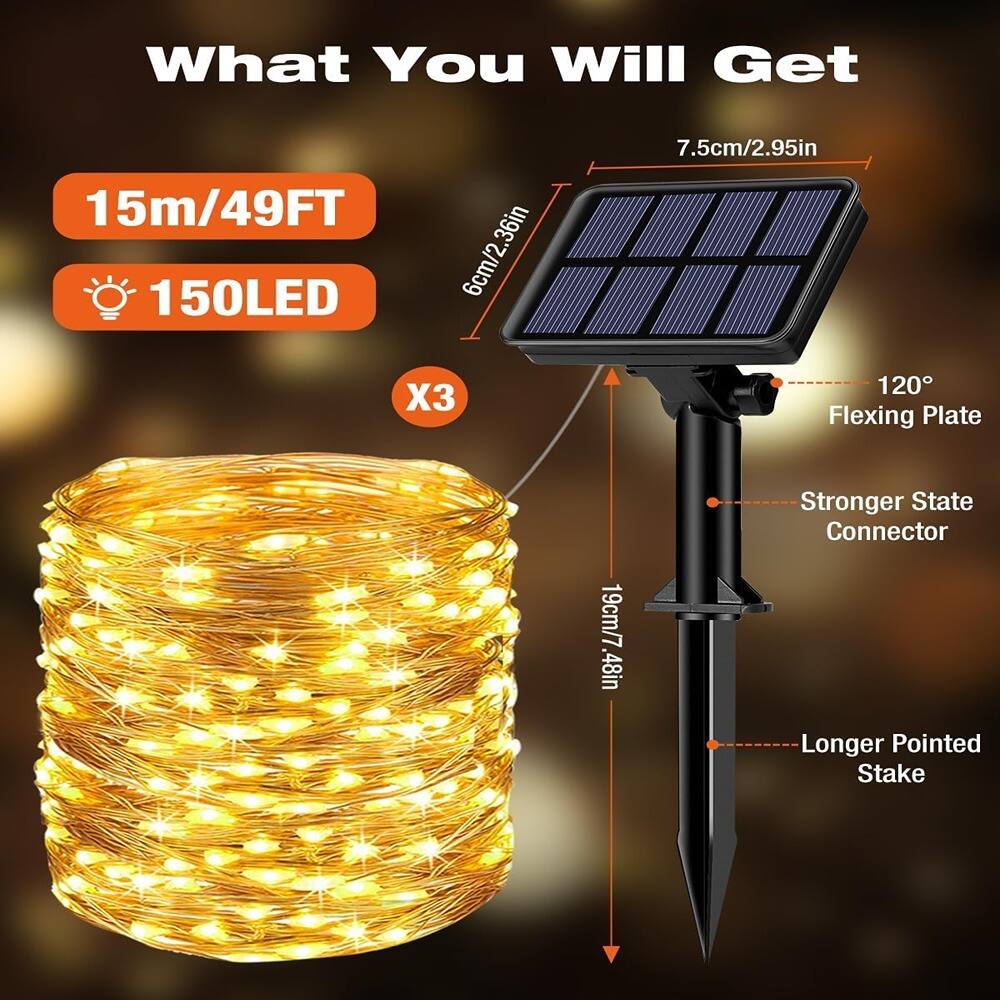 What You Will Get

- 15m/49FT
- 150LED
- X3
- 6cm/2.36in
- 7.5cm/2.95in
- 120° Flexing Plate
- Stronger State Connector
- 19cm/7.48in Longer Pointed Stake