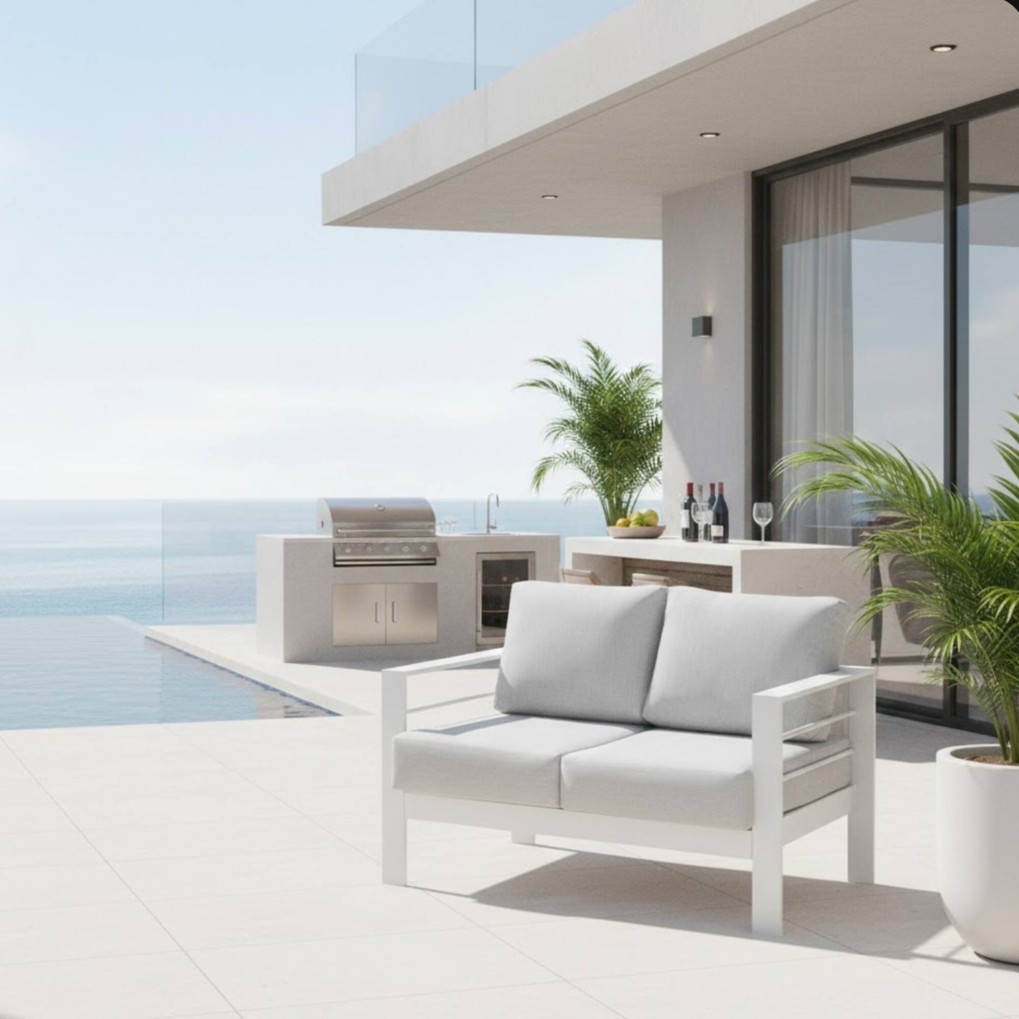 Angle. Mondawe - 50" All-Weather Aluminum Patio Loveseat with Cushions - White+Gray.