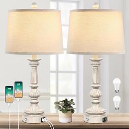 Nordic Hygge - 3-Way Dimmable Table Lamps Set of 2 Touch Control, Lamp for Bedroom End Table with 2 USB Charging Ports - Slim White