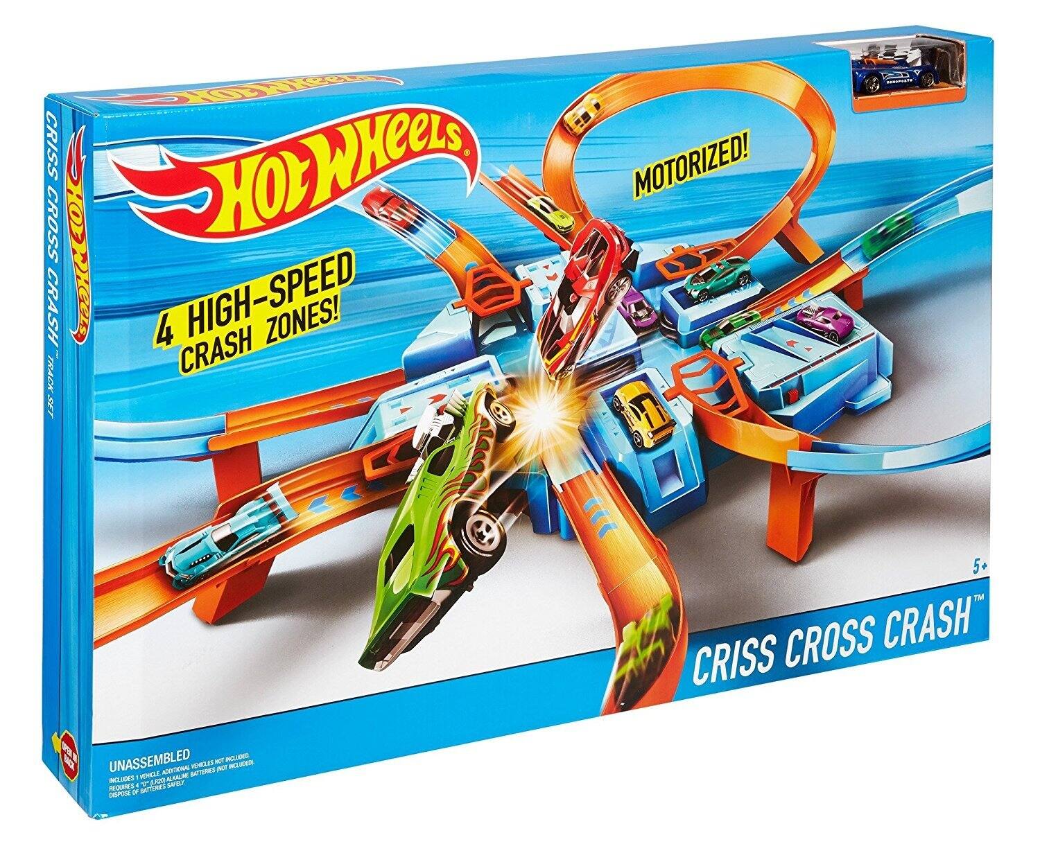 Hot Wheels Criss Cross Crash Track Set

4 High-Speed Crash Zones! Motorized!

5+ Cross Crash Criss

Open Includer Back Unassembled Additional Batteries Not Included, Includes 1 Vehicle. Requires 4 "D" Size Alkaline Batteries (Not Included).