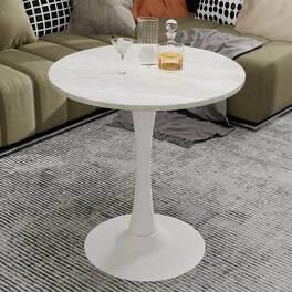 Loheer - Round Coffee Table with Marble Effect Top and Pedestal Base, 27.6-Inch - White