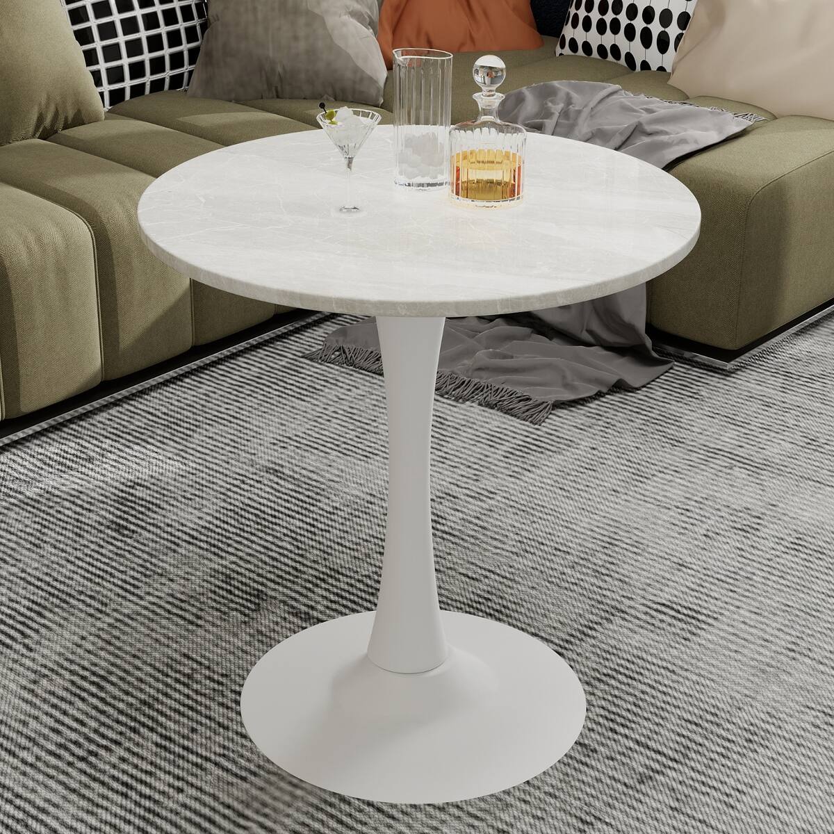 Front. Loheer - Loheer White Round Coffee Table with Marble Effect Top and Pedestal Base, 27.6-Inch - White.