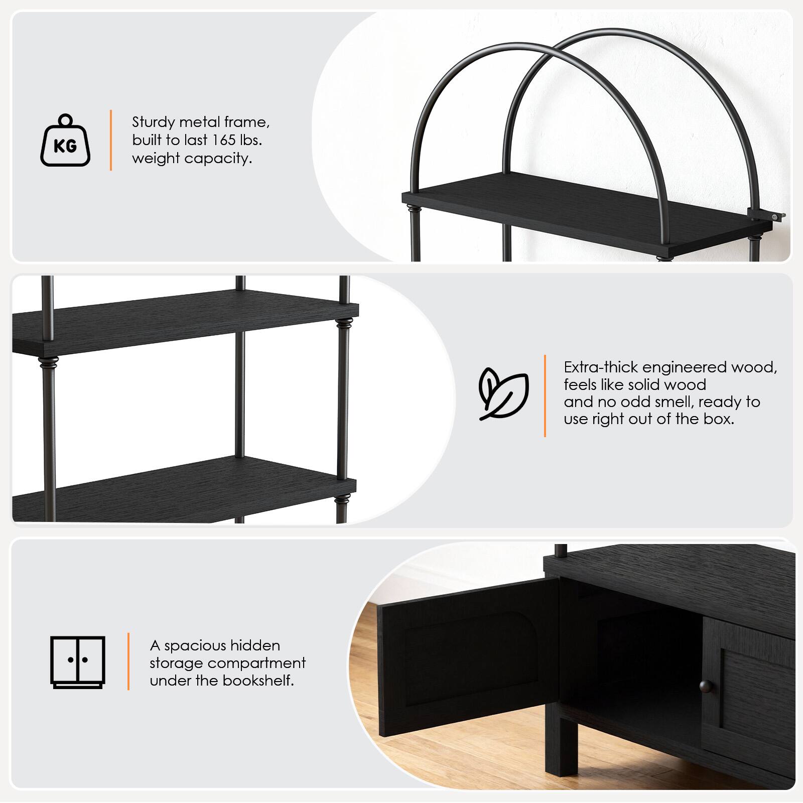 - Sturdy metal frame, built to last 165 lbs. weight capacity.
- Extra-thick engineered wood, feels like solid wood and no odd smell, ready to use right out of the box.
- A spacious hidden storage compartment under the bookshelf.