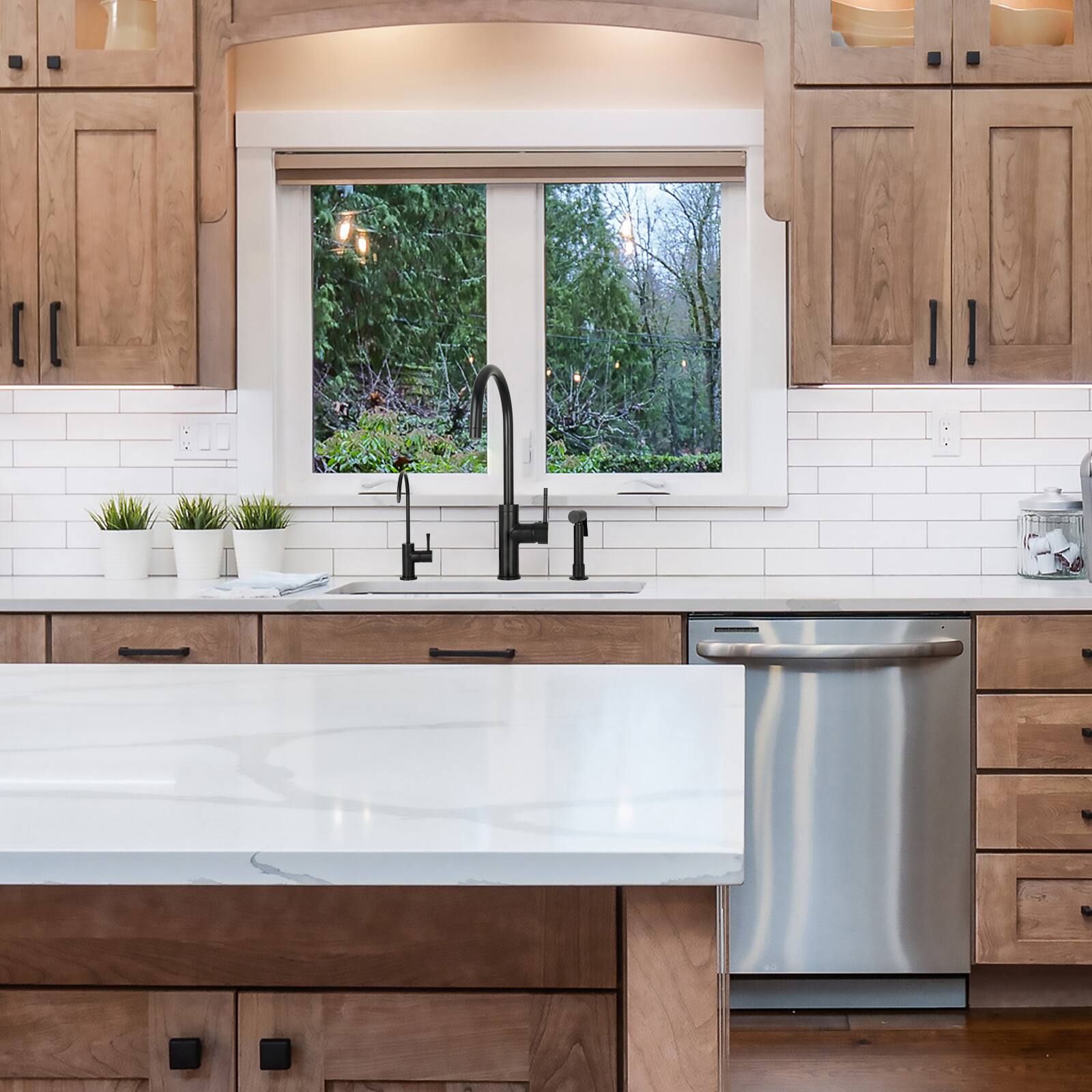 Alt View 3. Akicon - Akicon Solid Brass Single Handle 360° Swivel Widespread Kitchen Faucet with Side Sprayer in Matte Black - Matte Black.