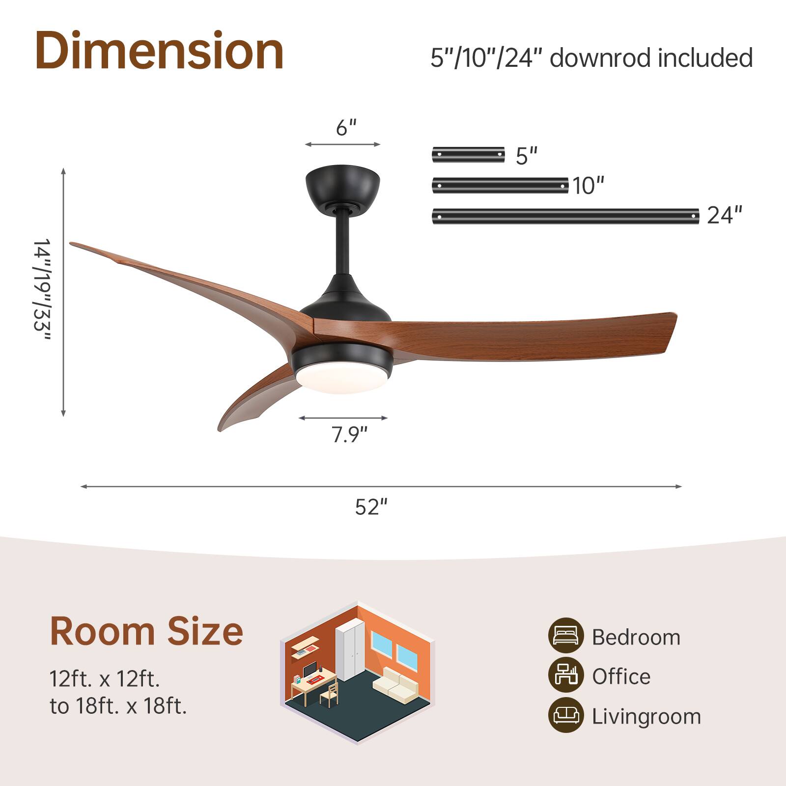 **Dimension**

- 5"/10"/24" downrod included
- 5"
- 10"
- 24"
- 6"
- 14"/19"/33"
- 7.9"
- 52"

**Room Size**

- 12ft. x 12ft. to 18ft. x 18ft.
- Bedroom
- Office
- Livingroom