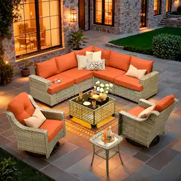 Ovios - 9 PCS Patio Furniture Set Sectional Sofa with Swivel Rocking Chair, Coffee Table & Side Table - Orange Red