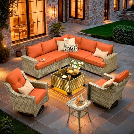 Front. Ovios - 9 PCS Patio Furniture Set Sectional Sofa with Swivel Rocking Chair, Coffee Table & Side Table - Orange Red.