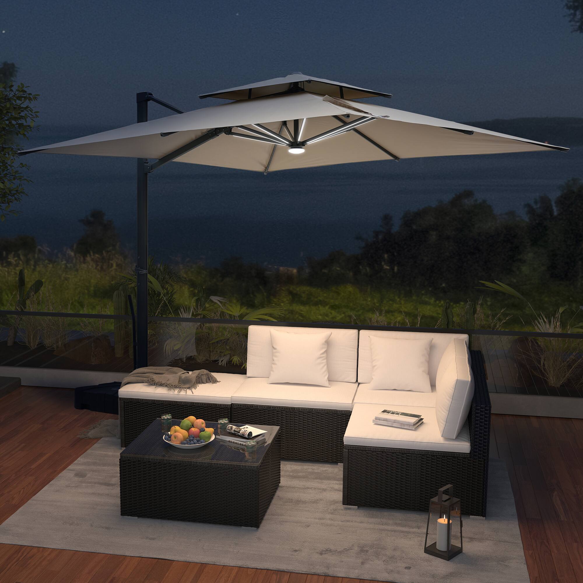 Angle. Mondawe - 10*10ft Patio Cantilever Umbrella Double Top with Detachable LED Light Strip and Base - Tan.
