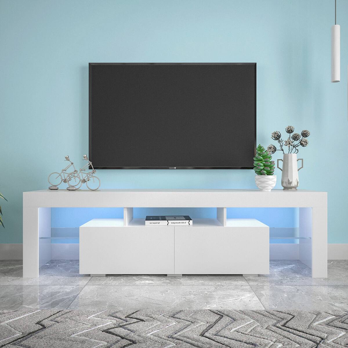 Angle. GOODSILO - Modern Entertainment Center with LED Lights, Fits Up to 70 Inch TVs - White.
