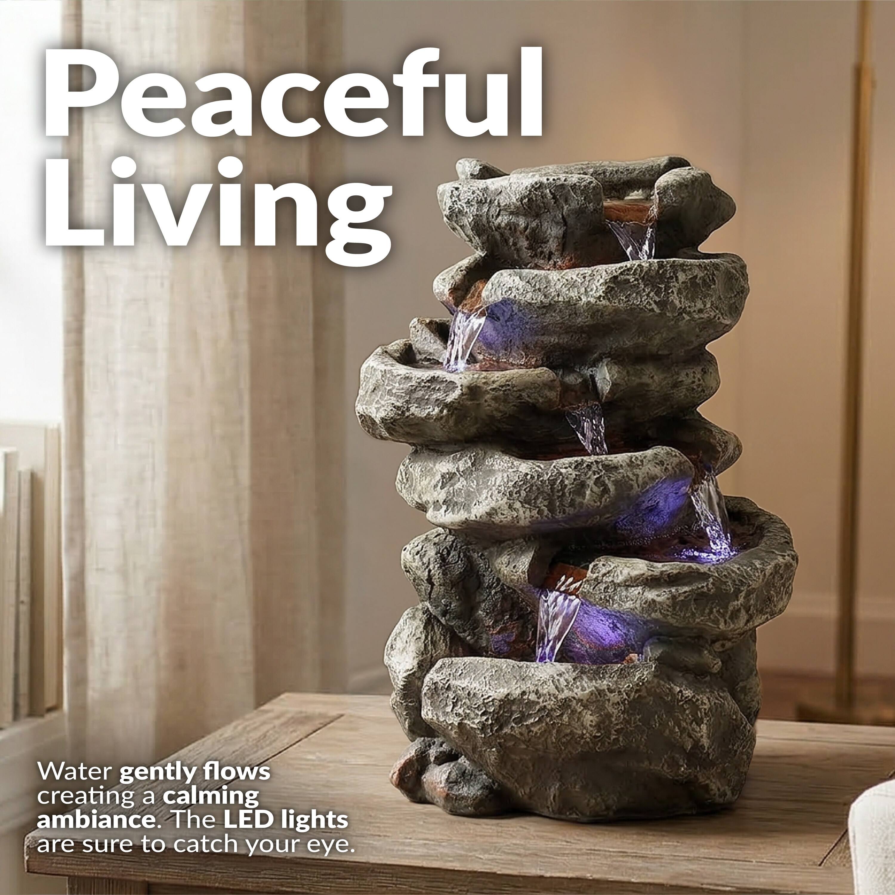 Peaceful Living

Water gently flows creating a calming ambiance. The LED lights are sure to catch your eye.