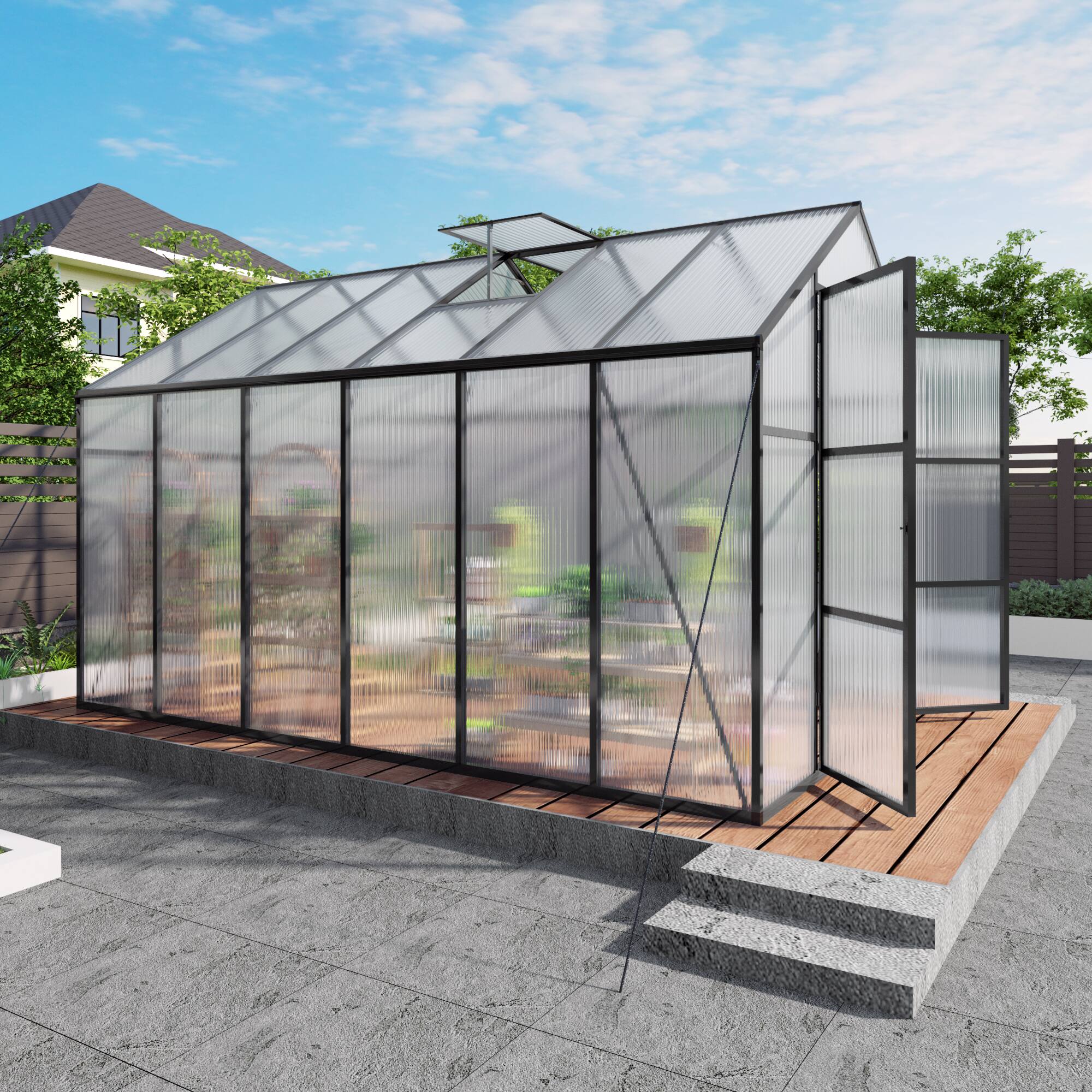 Back. Mondawe - 8x12 FT Polycarbonate Greenhouse With Aluminum Frame and Adjustable Roof Vents - Black.