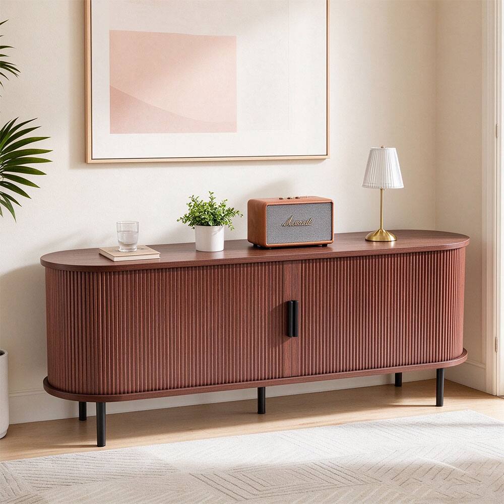 Left. MERAVOM - TV Stand, Boho Entertainment Center for TVs up to 65 in, TV Media Console with Adjustable Storage Shelves & Rolling Door - Brown.
