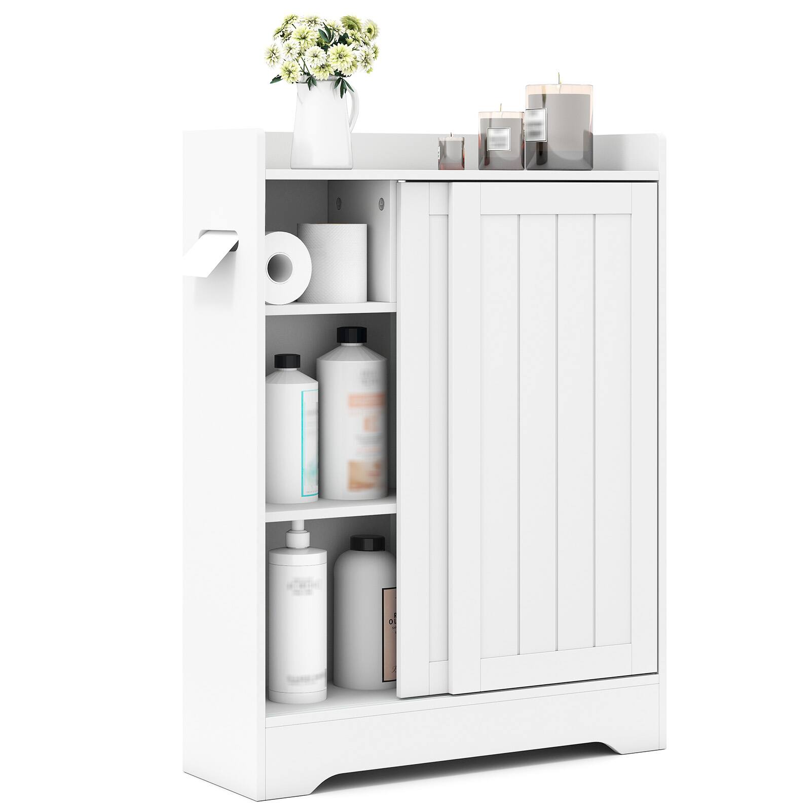 Front. Gymax - Gymax Bathroom Floor Cabinet w/2 Sliding Doors & Adjustable Shelves for Small Spaces - White.
