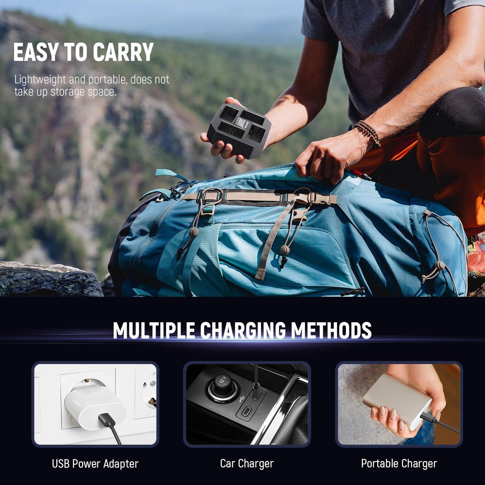 EASY TO CARRY  
Lightweight and portable, does not take up storage space.

MULTIPLE CHARGING METHODS  
USB Power Adapter  
Car Charger  
Portable Charger