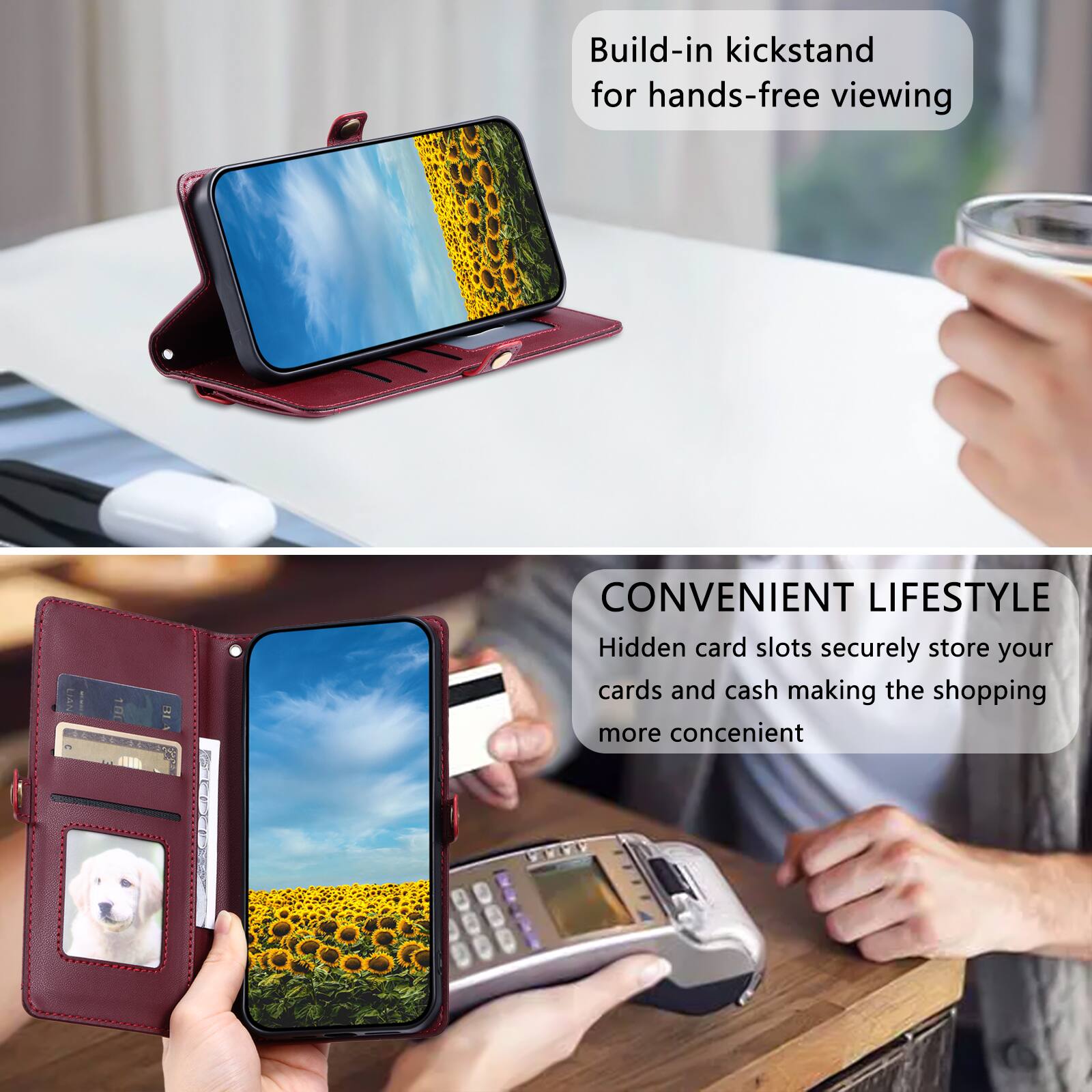 Build-in kickstand for hands-free viewing

CONVENIENT LIFESTYLE
Hidden card slots securely store your cards and cash making the shopping more convenient