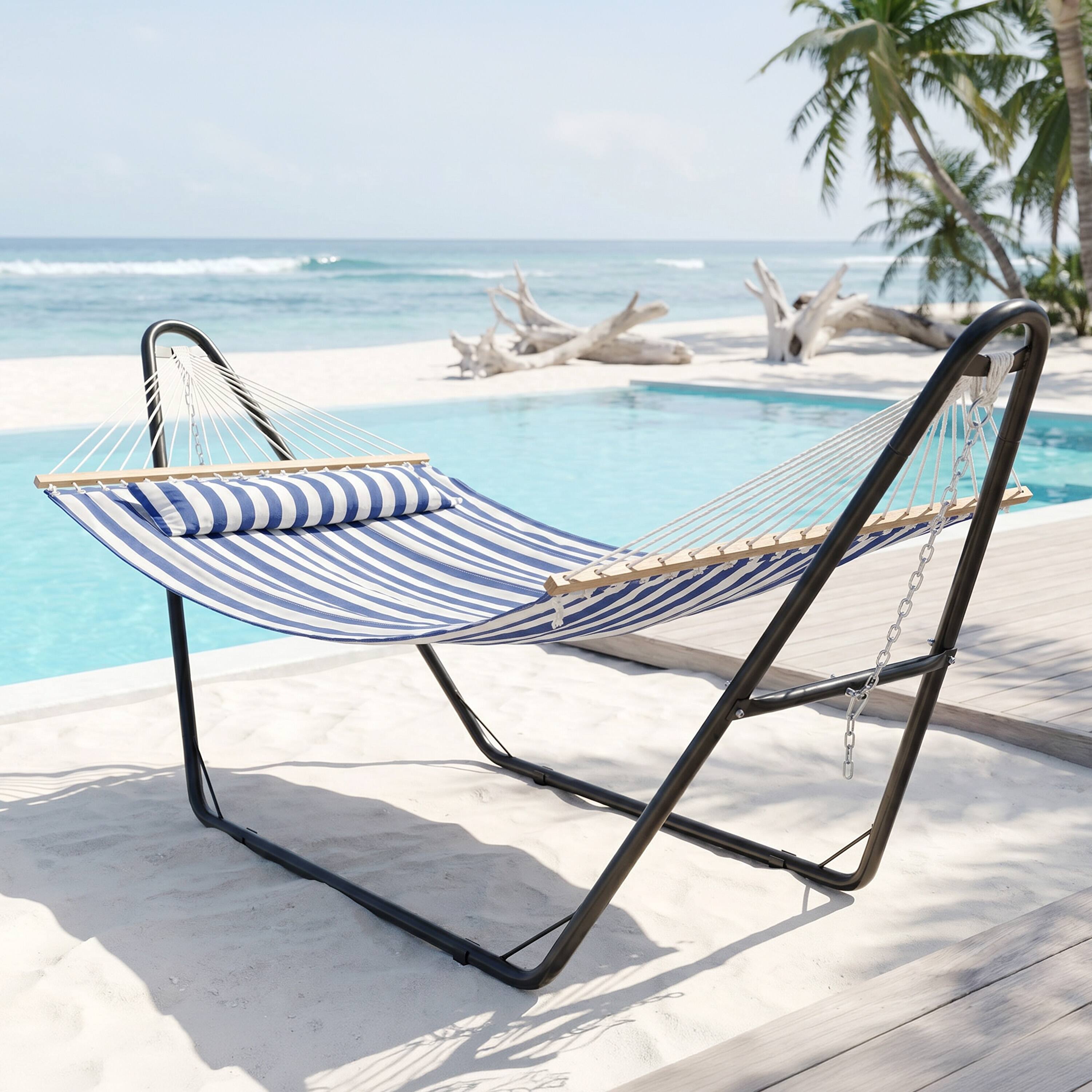 Alt View 7. Sunnydaze - Large Quilted Hammock with Universal Steel Stand - Blue/White Stripe.