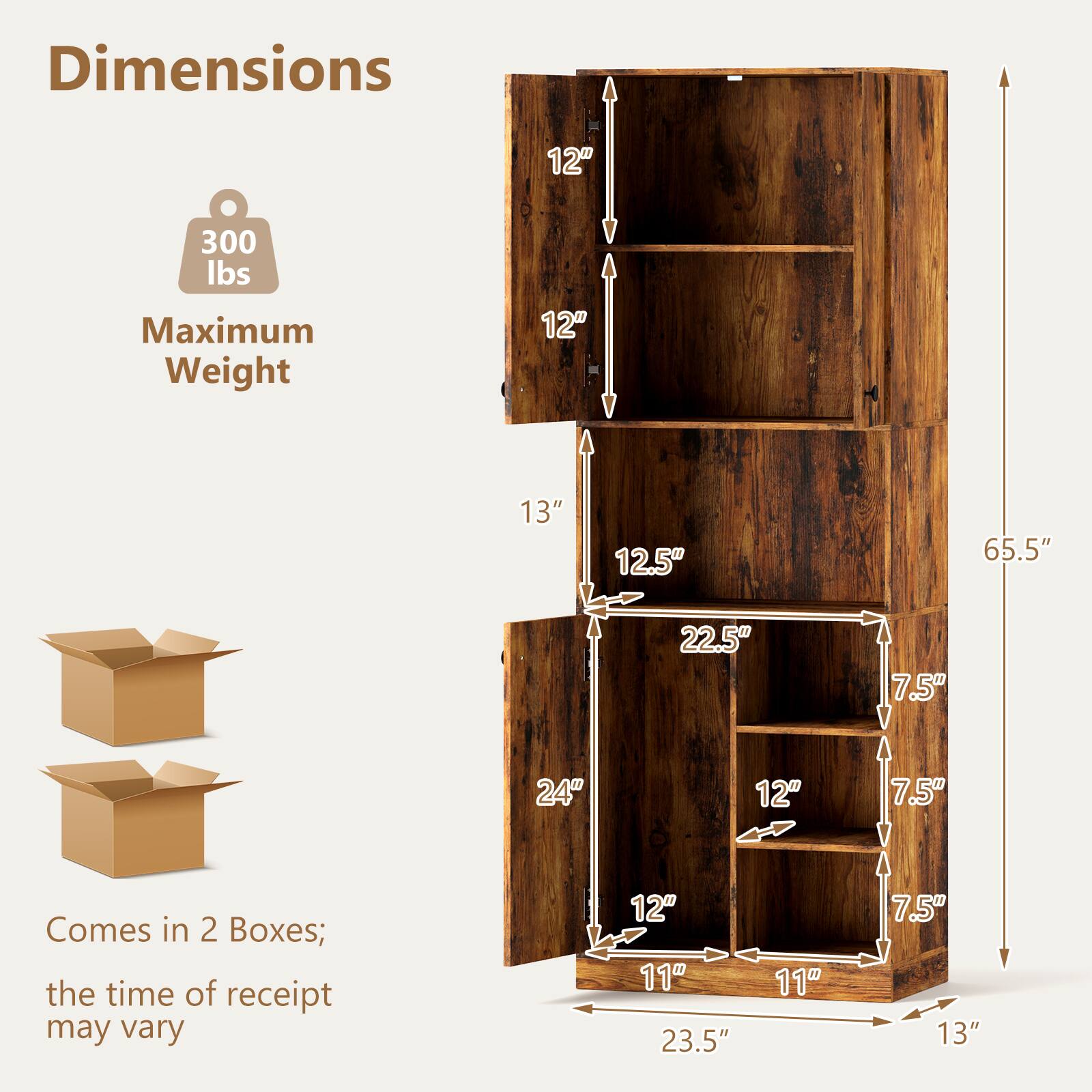 Dimensions: 12" x 300 lbs, Maximum Weight: 12" x 13" x 12.5"

Comes in 2 Boxes; the time of receipt may vary.