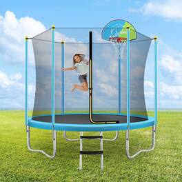 LOVMOR - 8 FT Trampoline with Basketball Hoop and Ladder Recreational Trampoline for Kids
