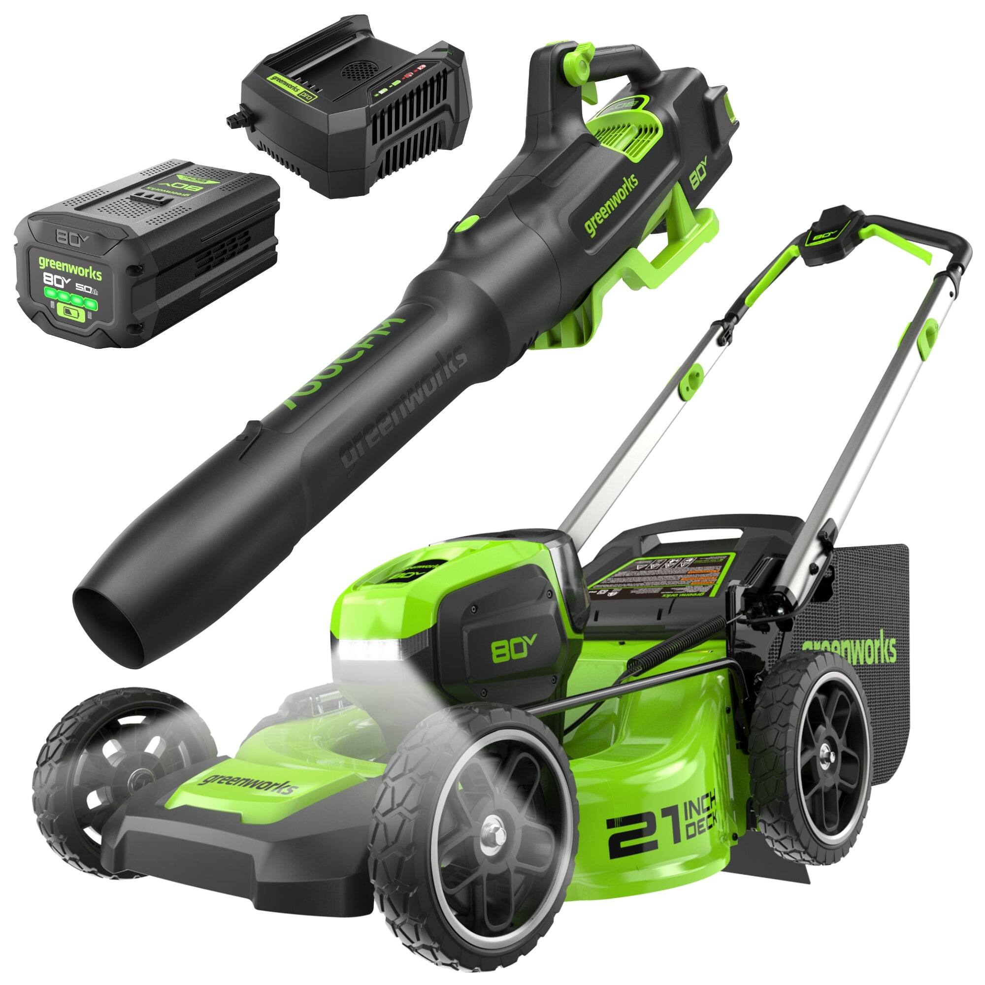 Greenworks - 80V 21" Push Lawn Mower + Blower (Gen 2), 5.0Ah Battery and Charger - Green