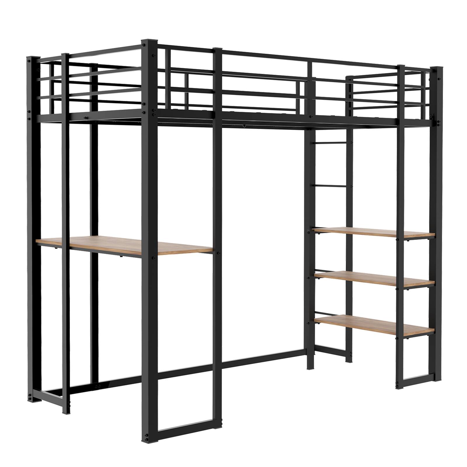 Alt View 10. Loheer - Loheer Twin Loft Bed with Desk and Storage Shelves Modern Black Metal Wood Space Saving Frame - Black.