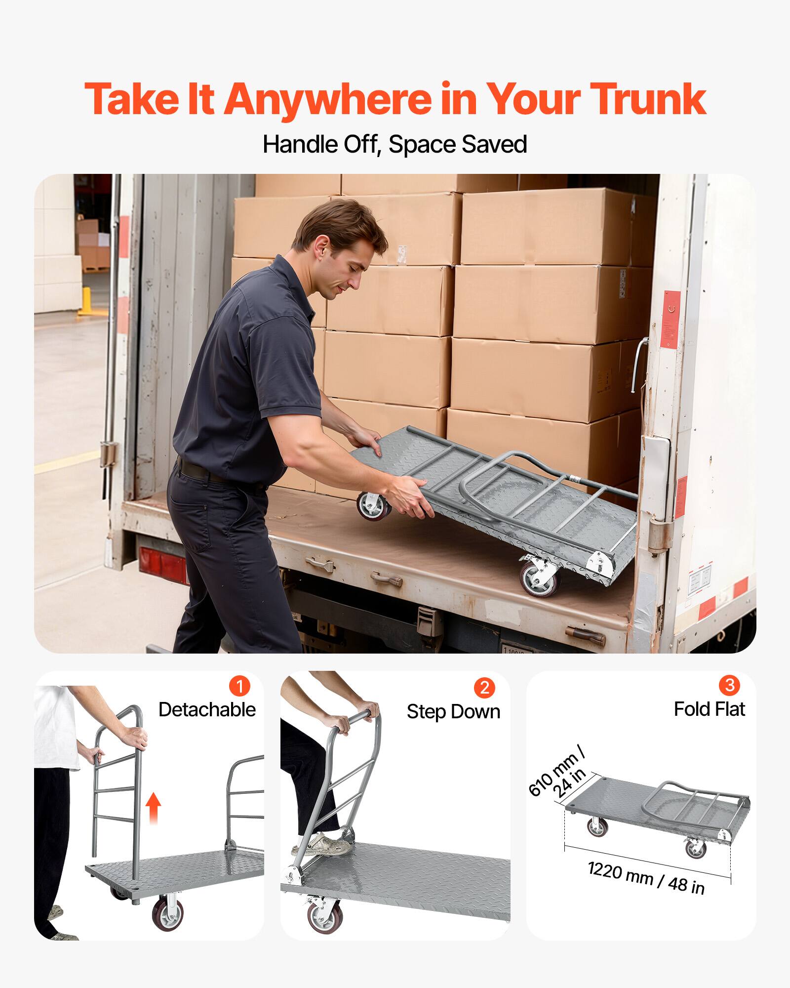 Take It Anywhere in Your Trunk  
Handle Off, Space Saved  

1. Detachable  
2. Step Down  
3. Fold Flat  

610 mm / 24 in  
1220 mm / 48 in